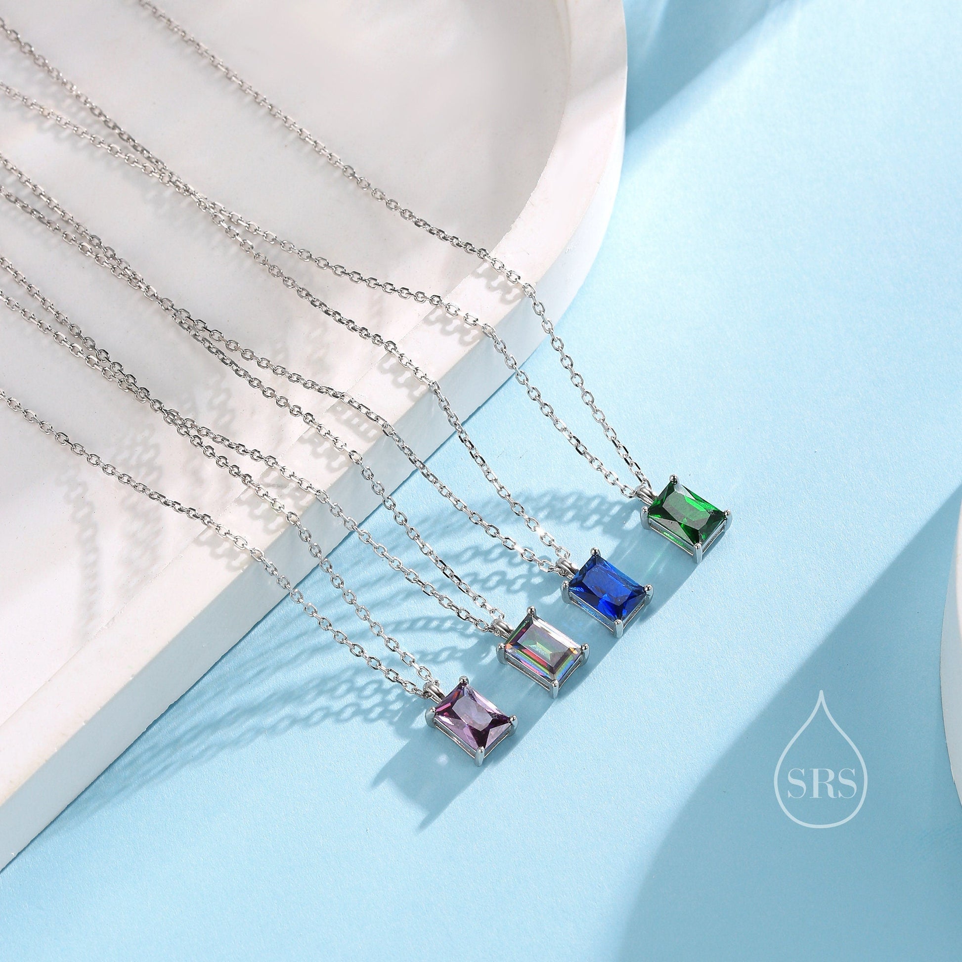 Emerald Cut Amethyst Purple CZ Pendant Necklace  in Sterling Silver,  Rectangular Cut Crystal Earrings, Purple CZ Necklace
