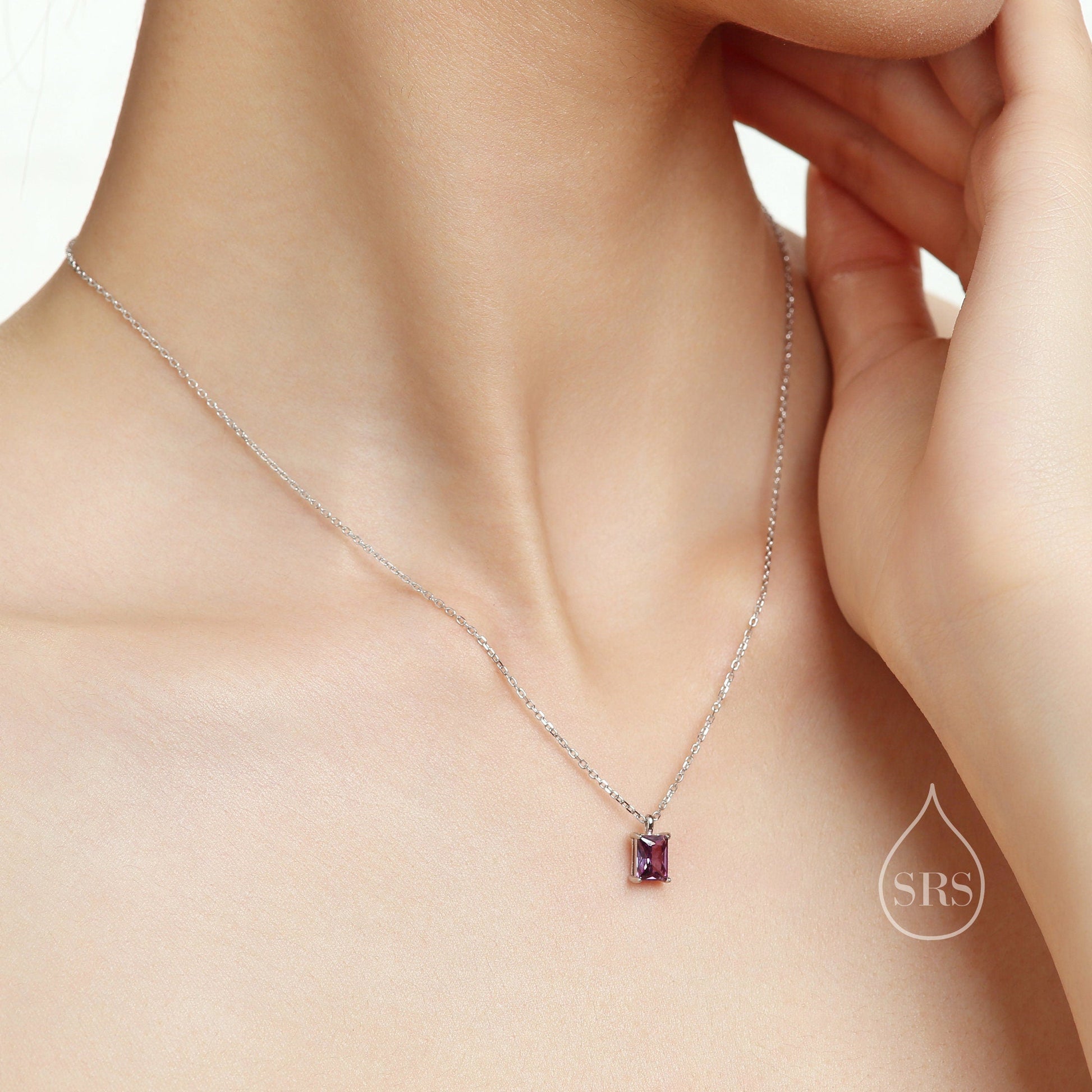 Emerald Cut Amethyst Purple CZ Pendant Necklace  in Sterling Silver,  Rectangular Cut Crystal Earrings, Purple CZ Necklace