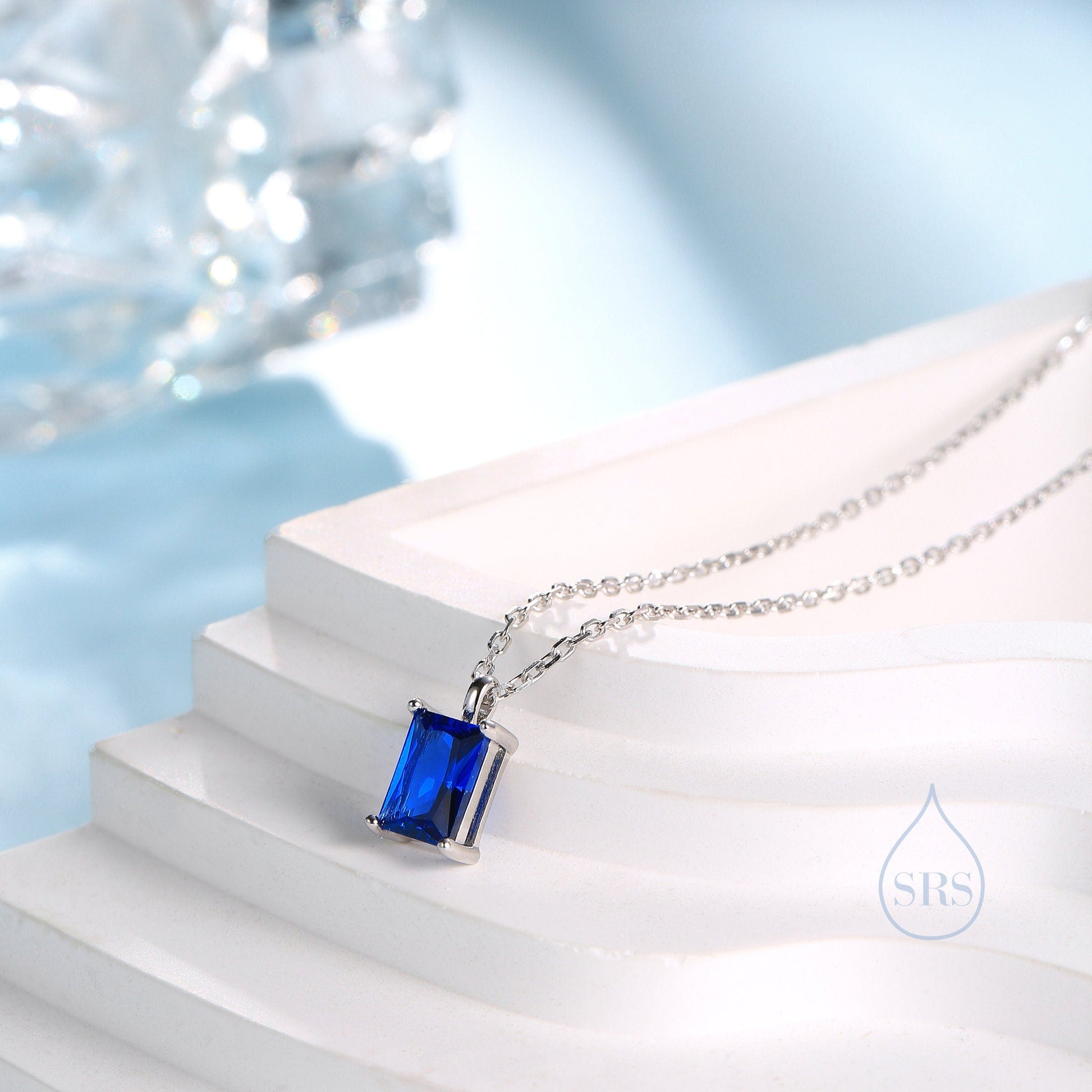 Emerald Cut Sapphire Blue CZ Pendant Necklace  in Sterling Silver,  Rectangular Cut Crystal Earrings, Blue CZ Necklace