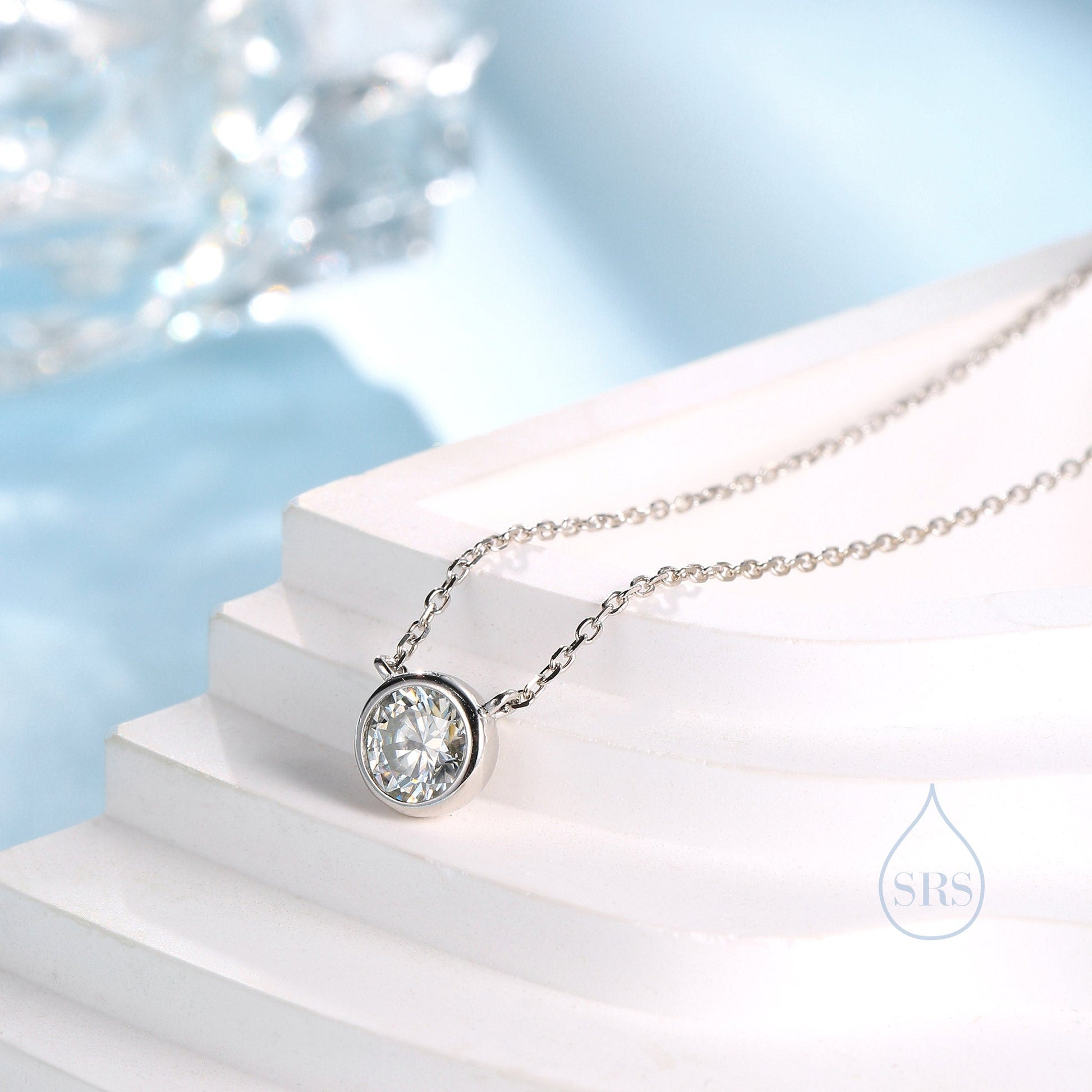 1 Carat Moissanite Solitaire Bezel Pendant Necklace  in Sterling Silver, 1 Ct Moissanite Diamond Bubble Necklace, 6.5mm Moissanite