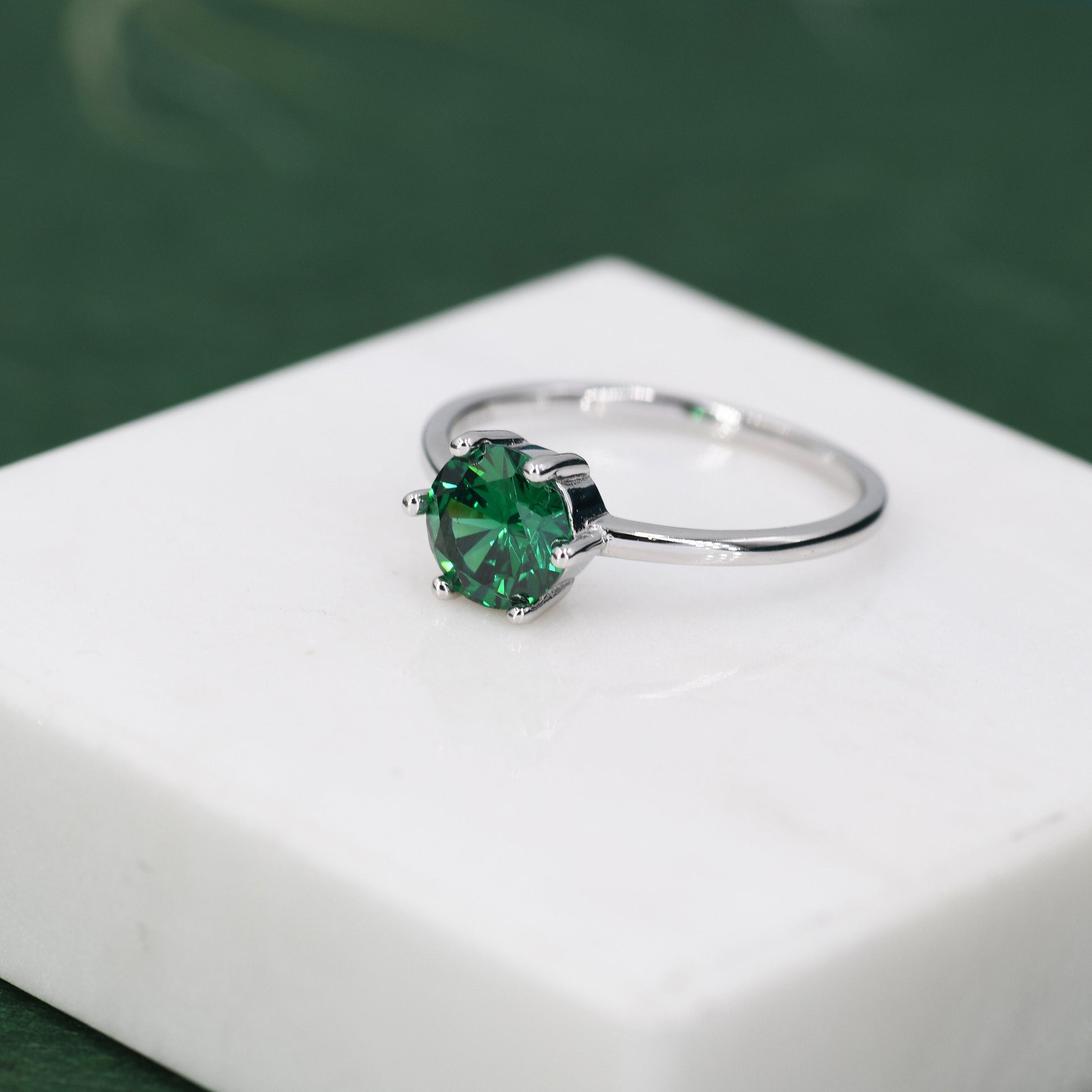 1 Carat Emerald Green CZ Brilliant Cut Ring in Sterling Silver, 6.5mm Green Zircon Ring, US Size 5-8, Green CZ Ring, May Birthstone