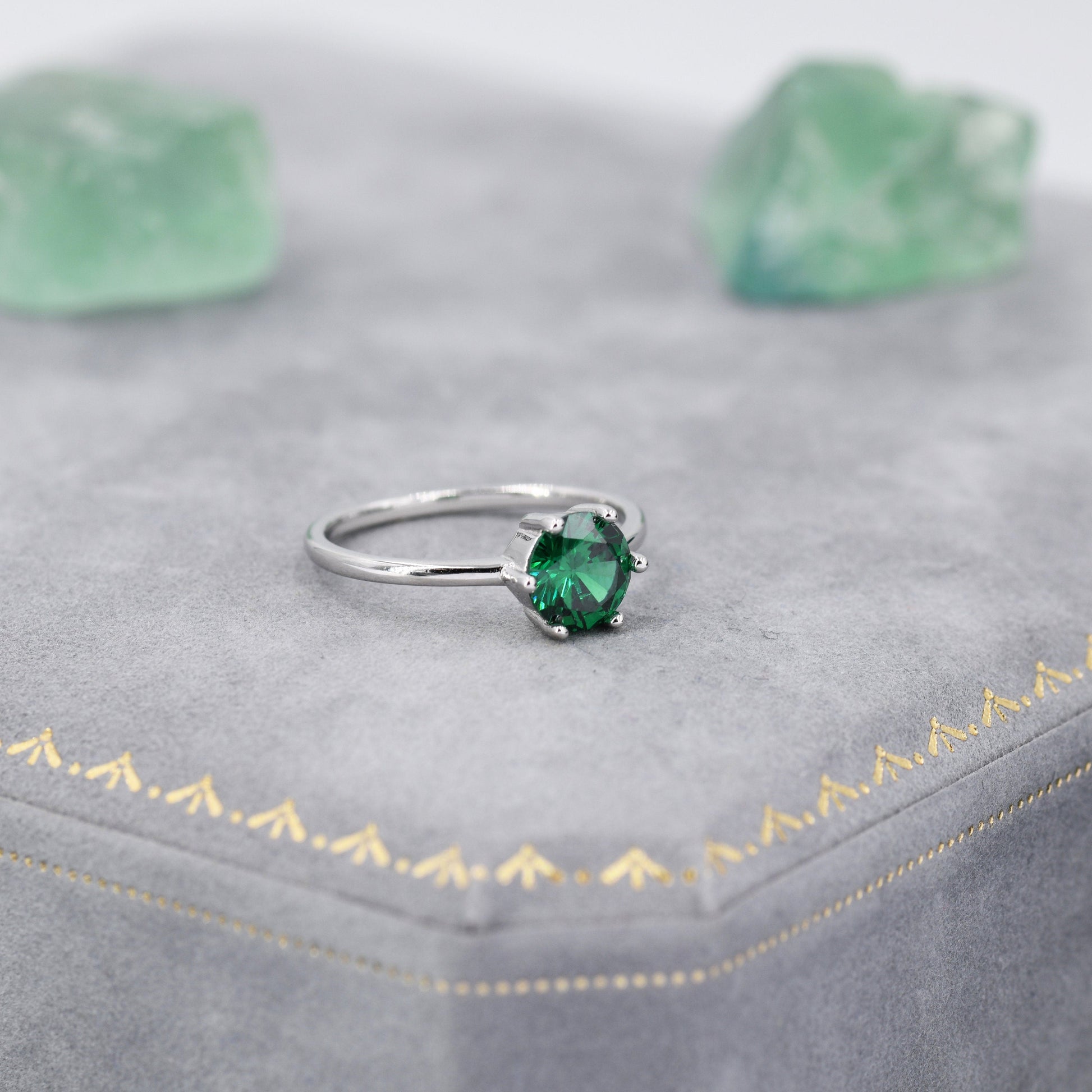 1 Carat Emerald Green CZ Brilliant Cut Ring in Sterling Silver, 6.5mm Green Zircon Ring, US Size 5-8, Green CZ Ring, May Birthstone