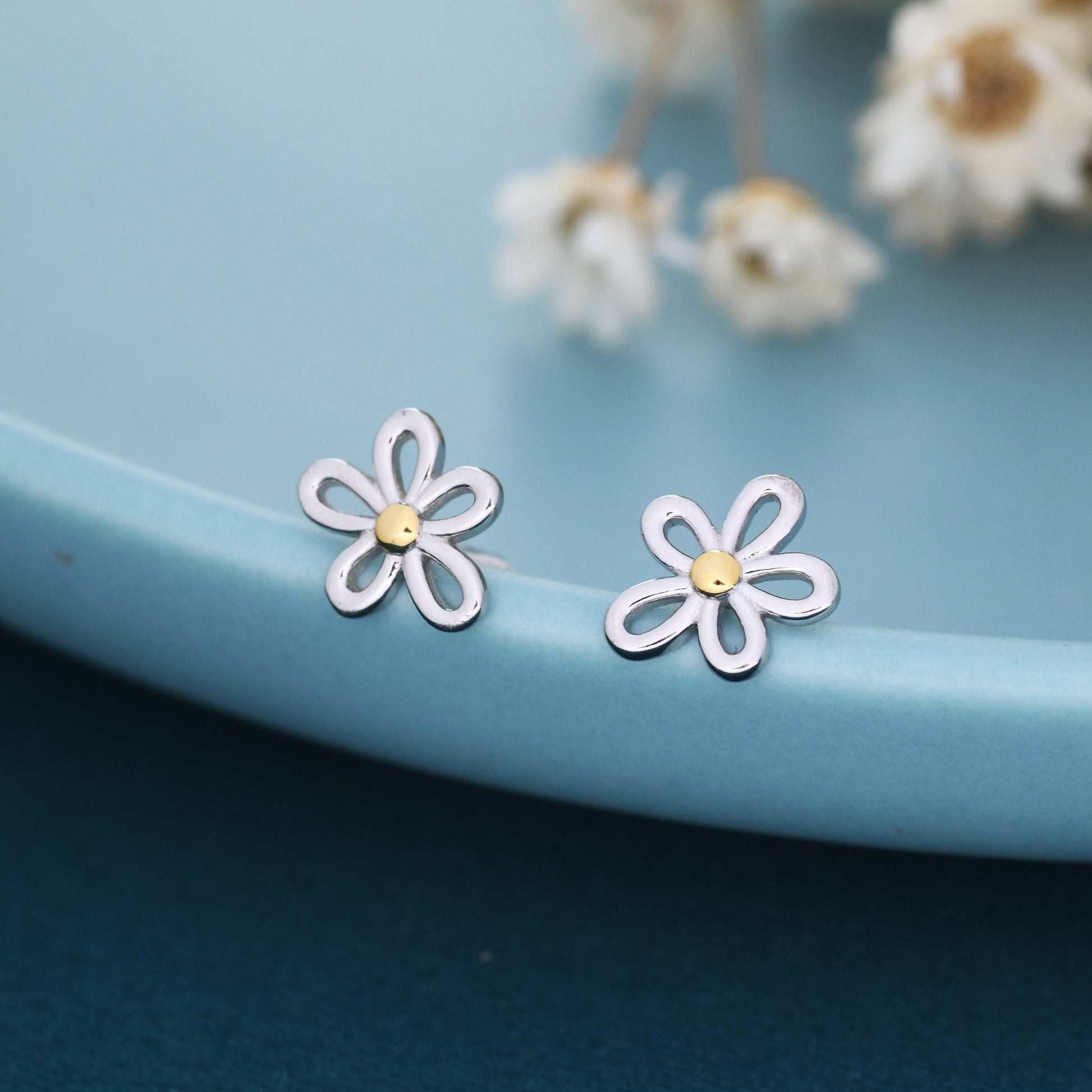Sterling Silver Dainty Forget-me-not Flower Stud Earrings and Necklace Set, Gift Set with One Gift Box Packing