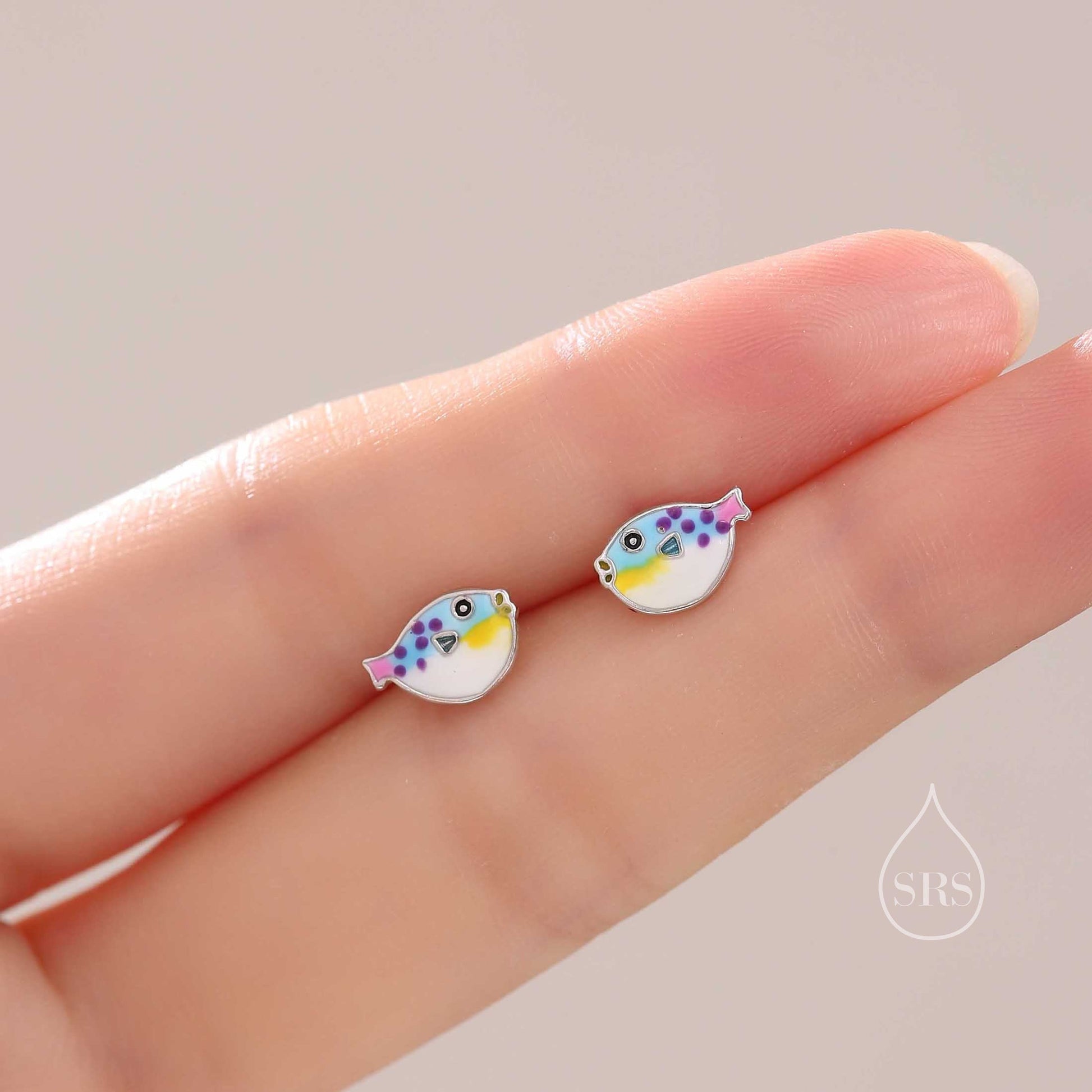 Hand Painted Enamel Puffer Fish Stud Earrings in Sterling Silver, Silver Fish Earrings, Silver Puffer Fish Earrings, Blowfish Earrings