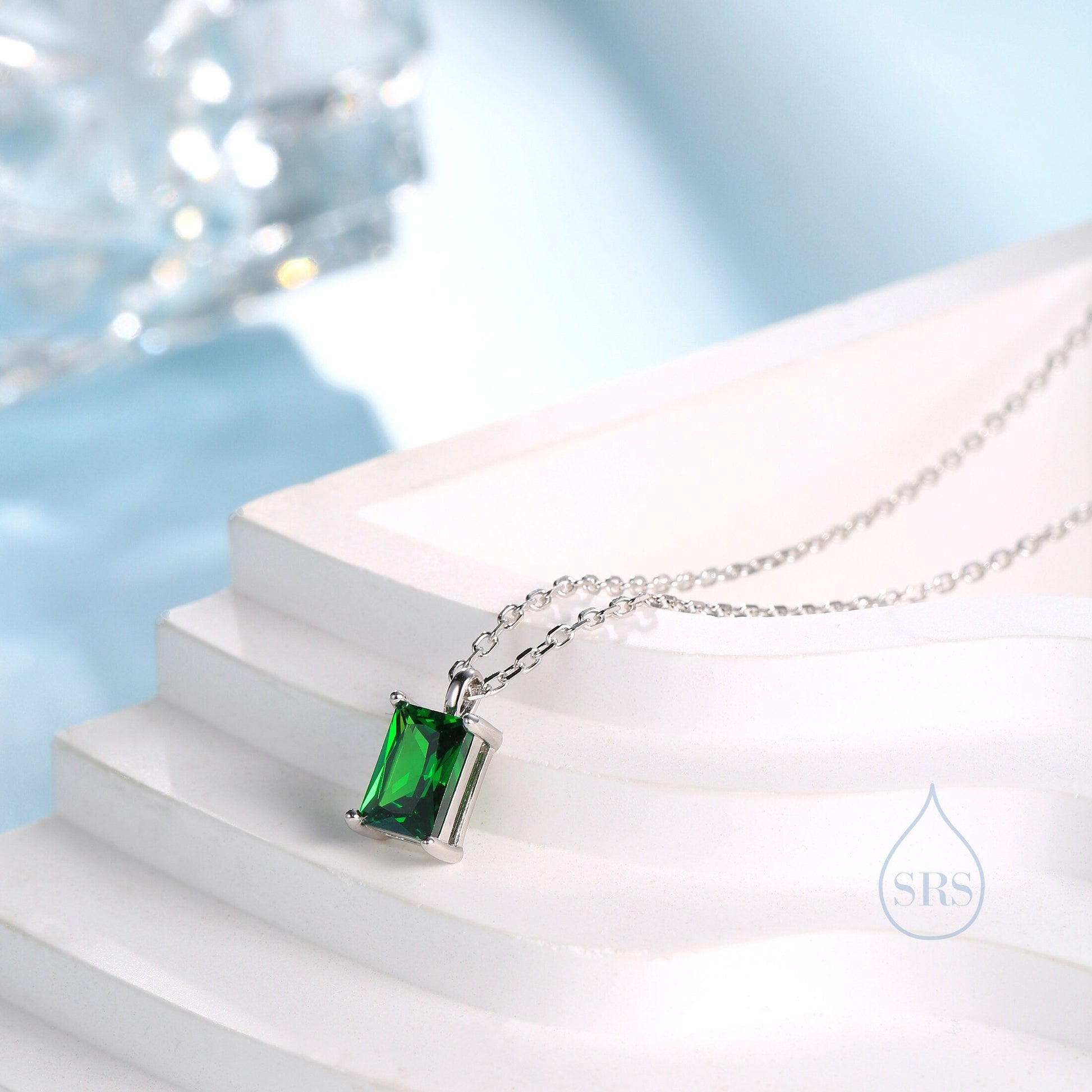 Emerald Cut Emerald Green CZ Pendant Necklace  in Sterling Silver,  Rectangular Cut Crystal Earrings, Green CZ Necklace
