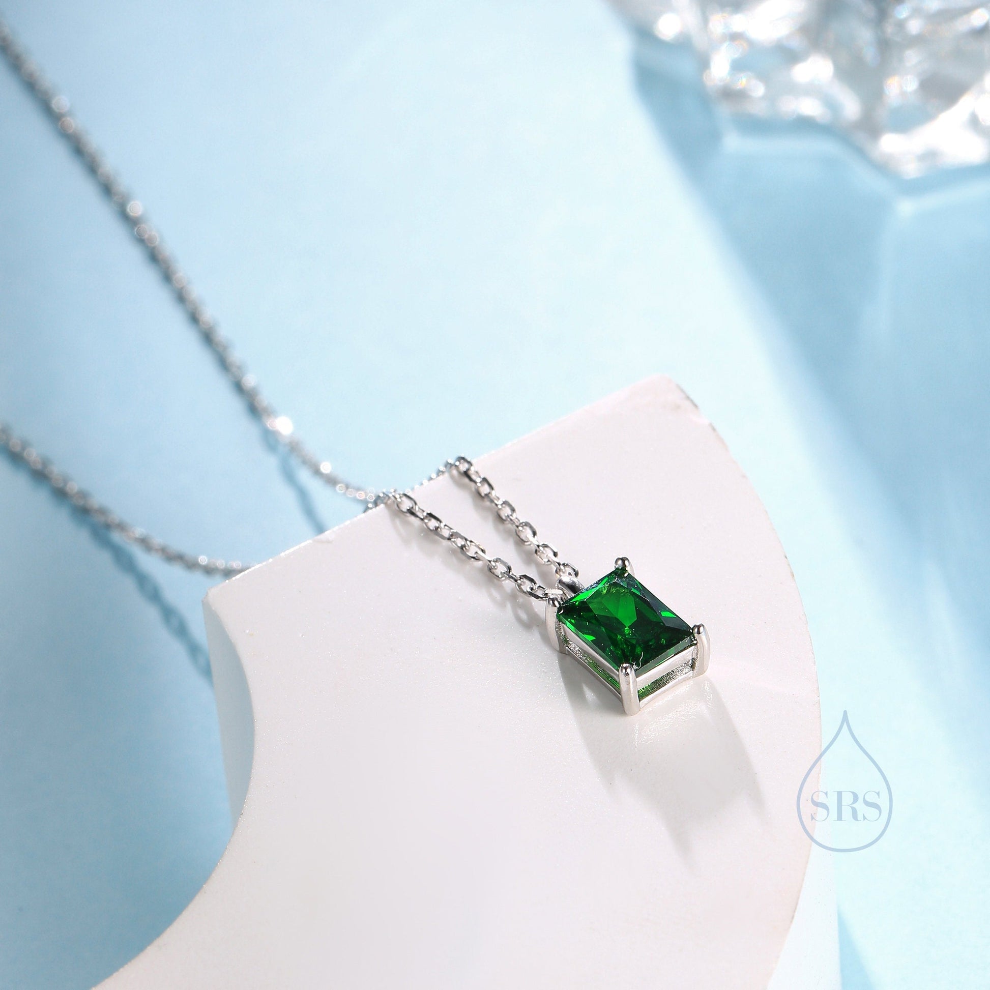 Emerald Cut Emerald Green CZ Pendant Necklace  in Sterling Silver,  Rectangular Cut Crystal Earrings, Green CZ Necklace