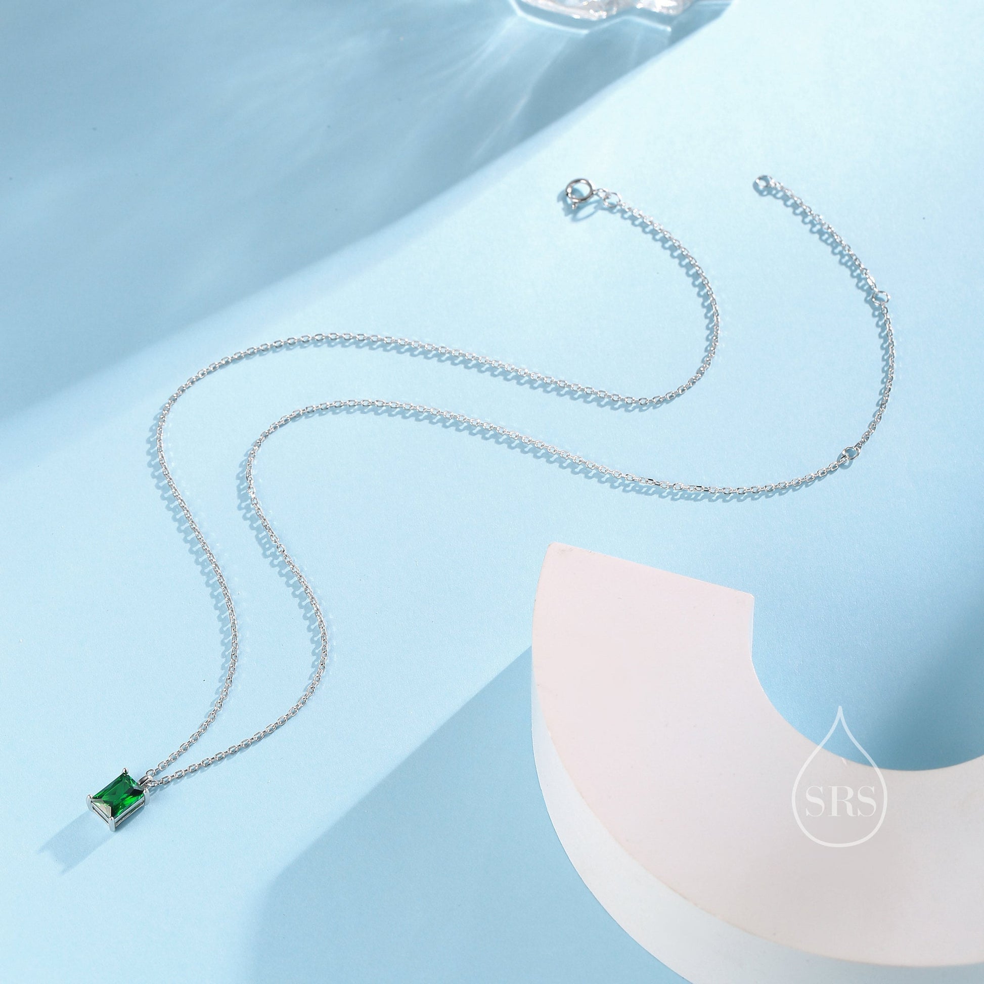 Emerald Cut Emerald Green CZ Pendant Necklace  in Sterling Silver,  Rectangular Cut Crystal Earrings, Green CZ Necklace