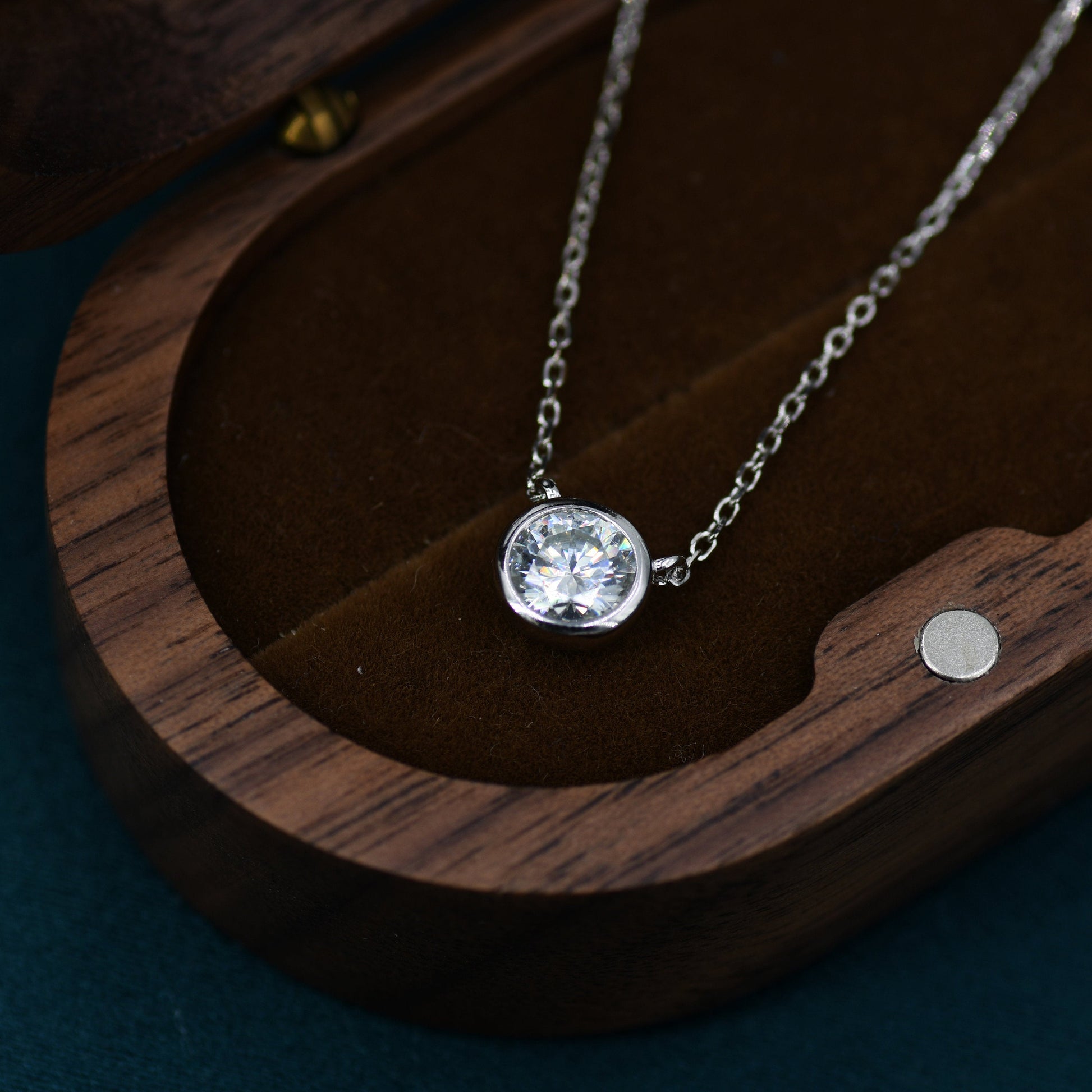 1 Carat Moissanite Solitaire Bezel Pendant Necklace  in Sterling Silver, 1 Ct Moissanite Diamond Bubble Necklace, 6.5mm Moissanite