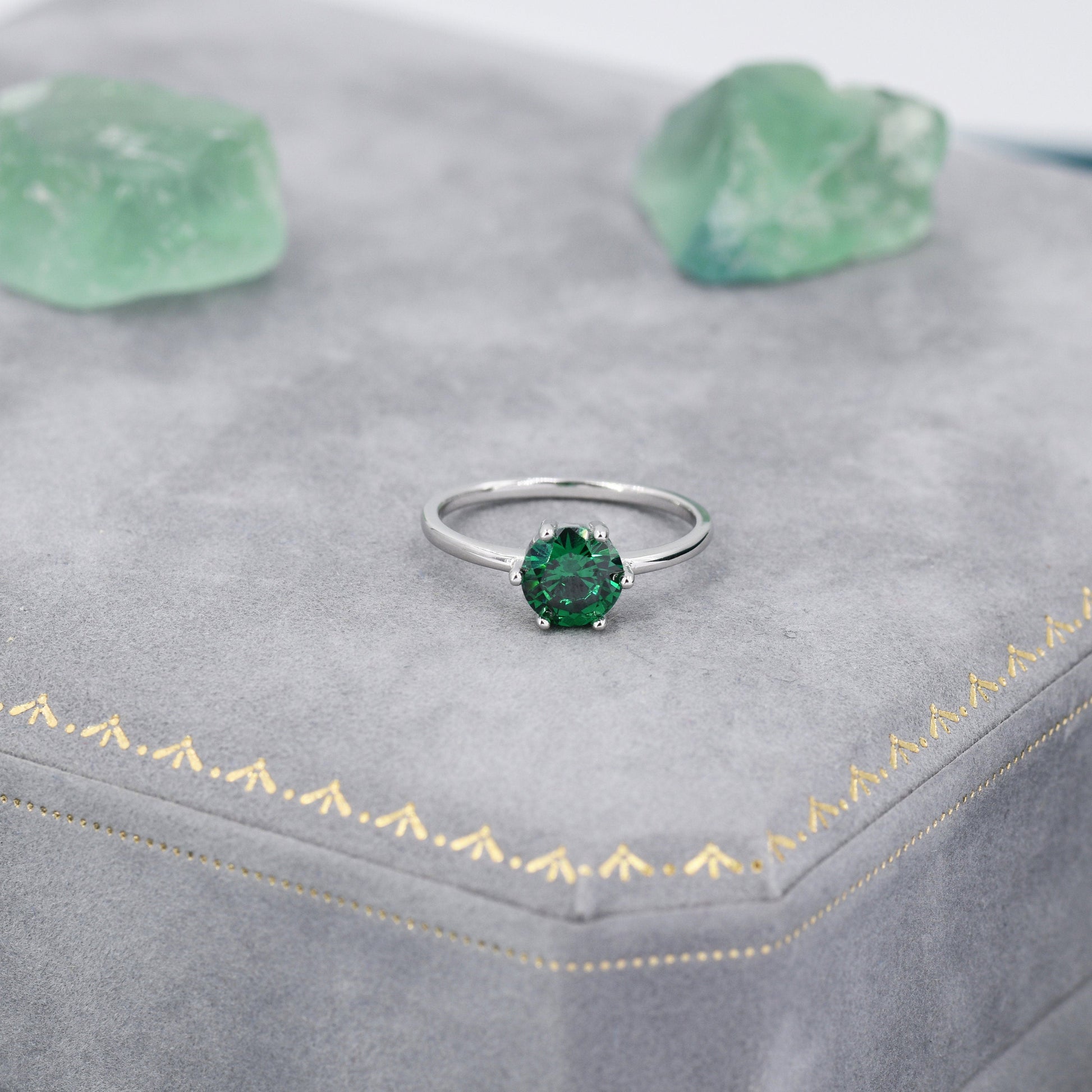 1 Carat Emerald Green CZ Brilliant Cut Ring in Sterling Silver, 6.5mm Green Zircon Ring, US Size 5-8, Green CZ Ring, May Birthstone