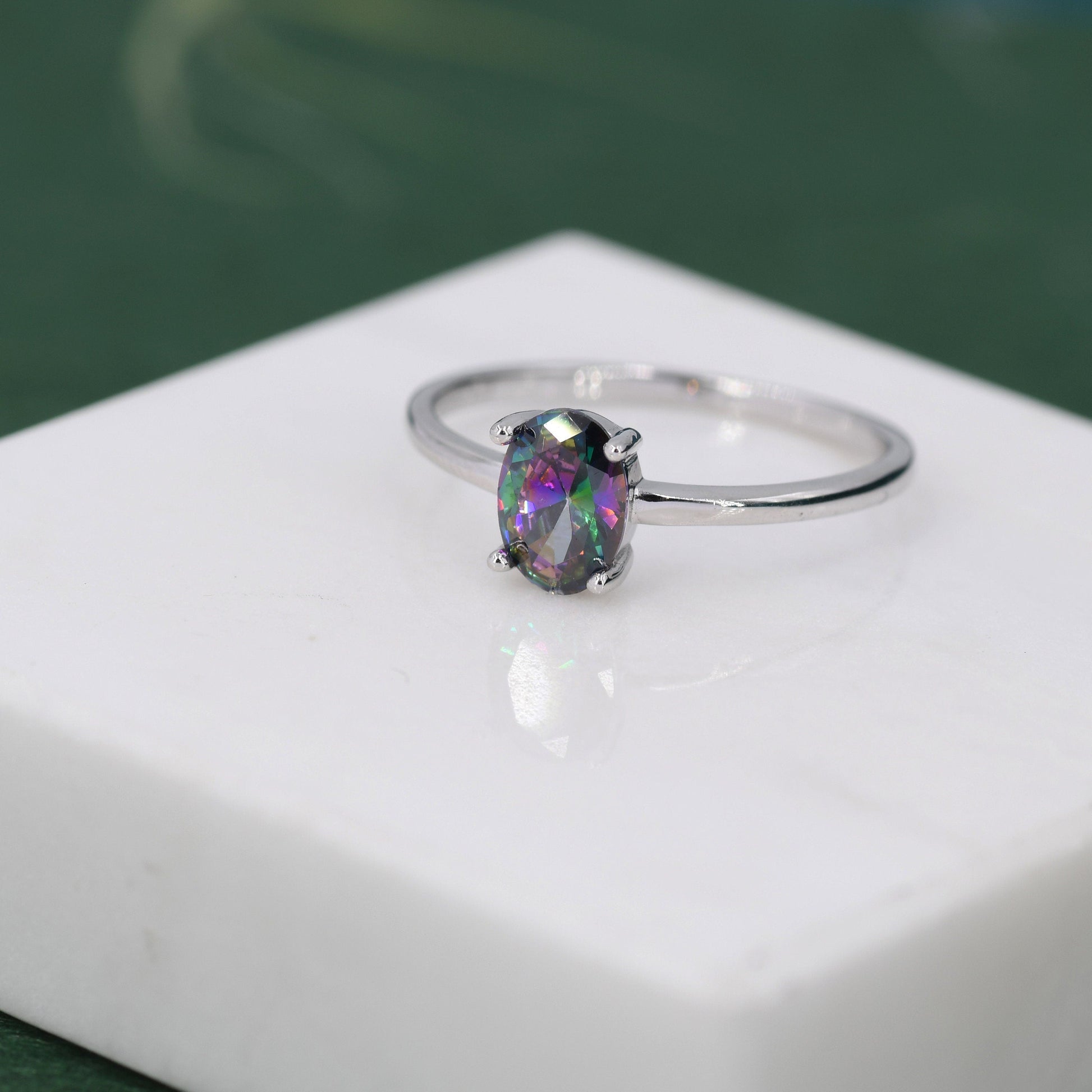 1 Carat Mystic Black CZ Oval Ring in Sterling Silver, 6.5mm Mystic Topaz Zircon Ring, US Size 5-8, Aurora Black Oval Ring