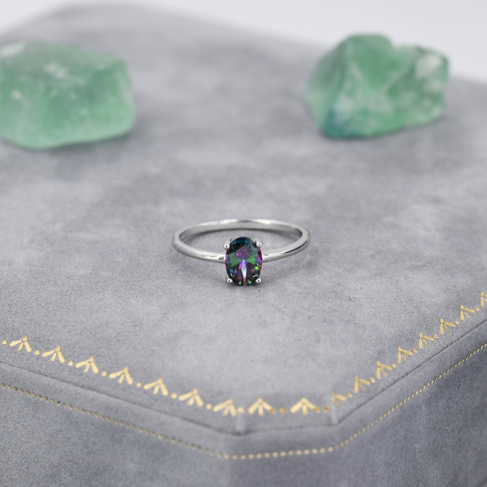 1 Carat Mystic Black CZ Oval Ring in Sterling Silver, 6.5mm Mystic Topaz Zircon Ring, US Size 5-8, Aurora Black Oval Ring