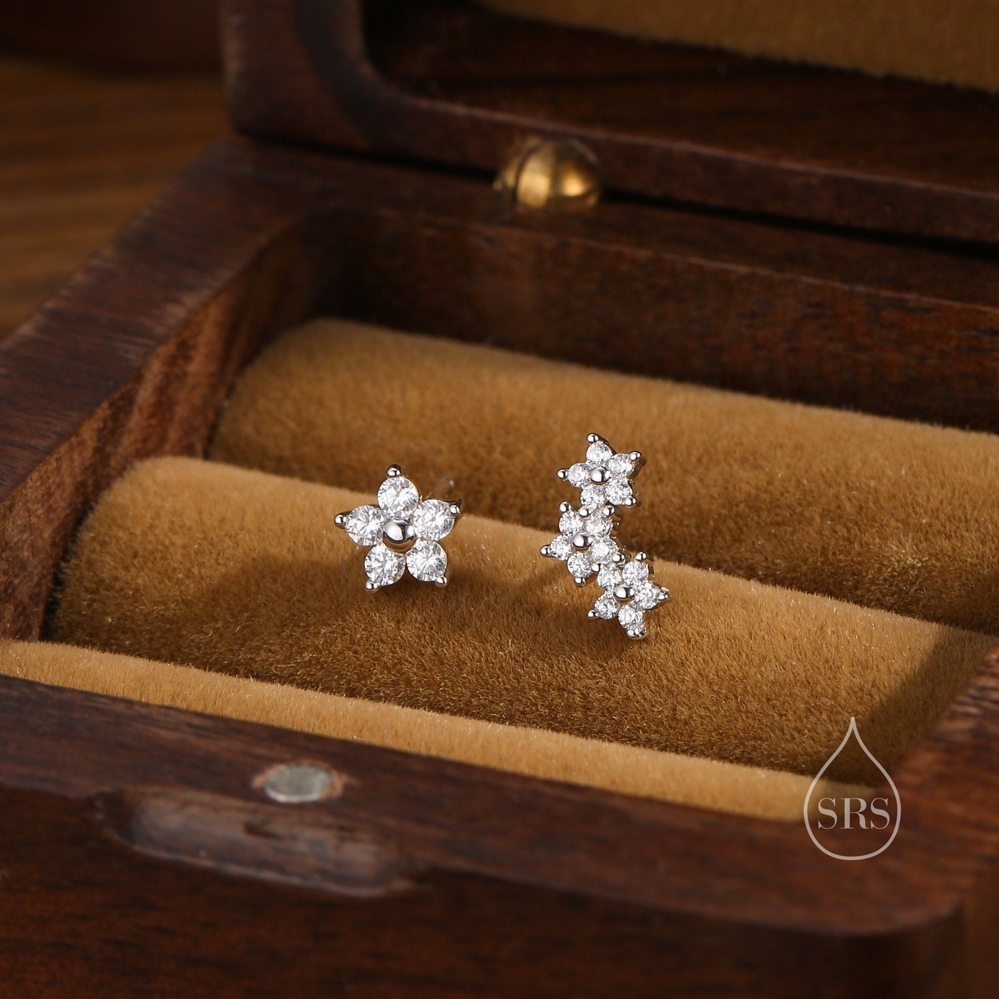 Internally Threaded Asymmetric Forget Me Not Flower Bouquet Flat Back Earrings in Sterling Silver, Silver, Gold or Rose Gold,