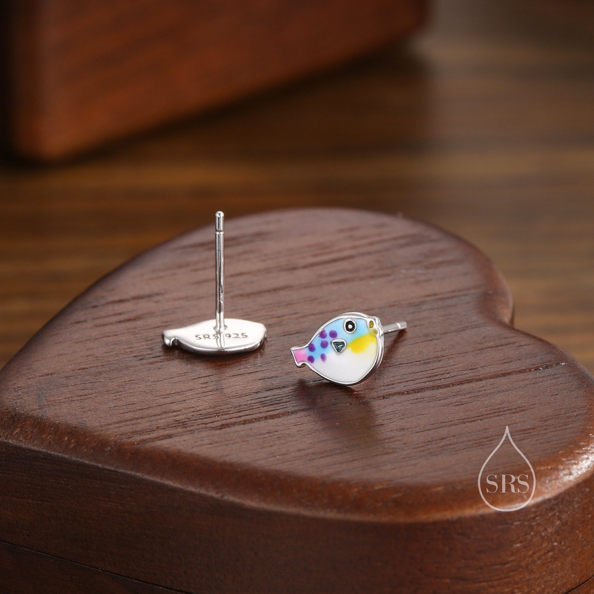 Hand Painted Enamel Puffer Fish Stud Earrings in Sterling Silver, Silver Fish Earrings, Silver Puffer Fish Earrings, Blowfish Earrings