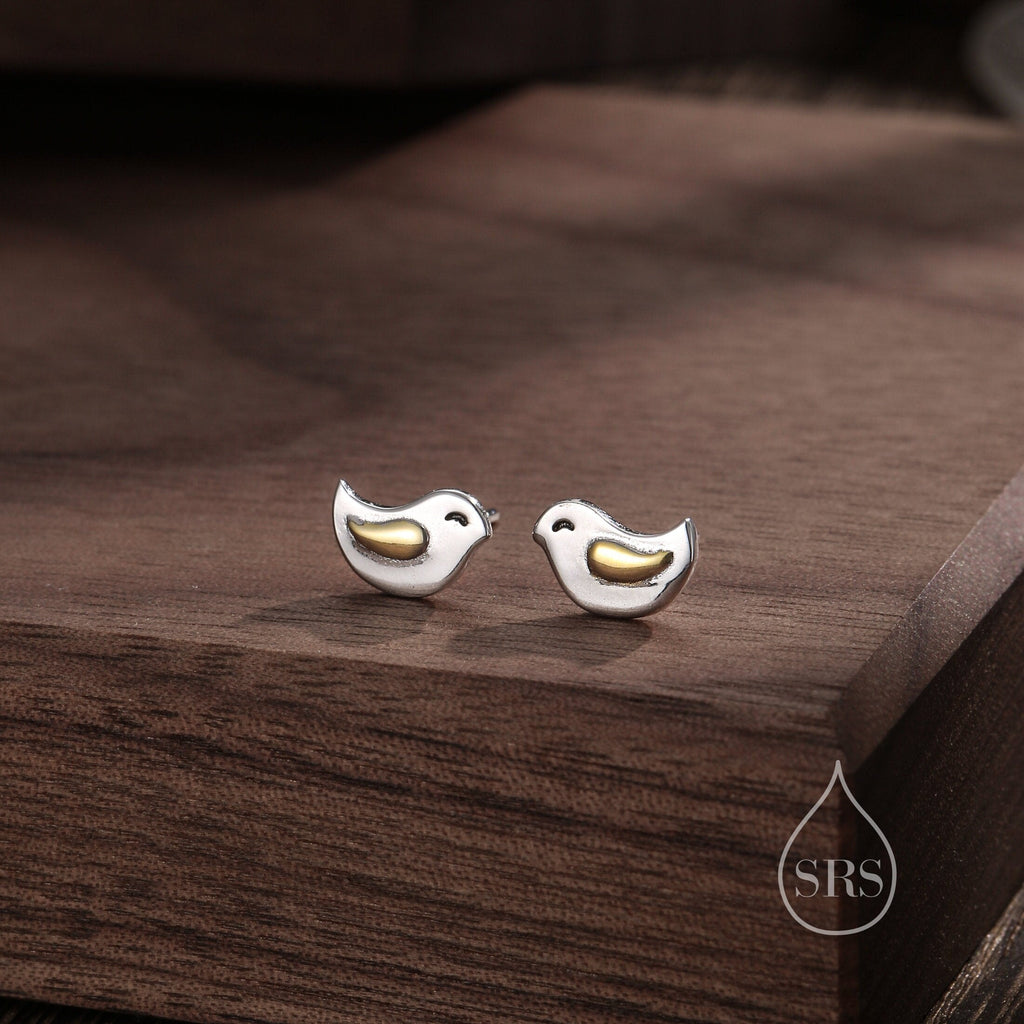Cute Little Wren Bird Stud Earrings and Necklace Set in Sterling Silver, Gift Set with One Gift Box Packing