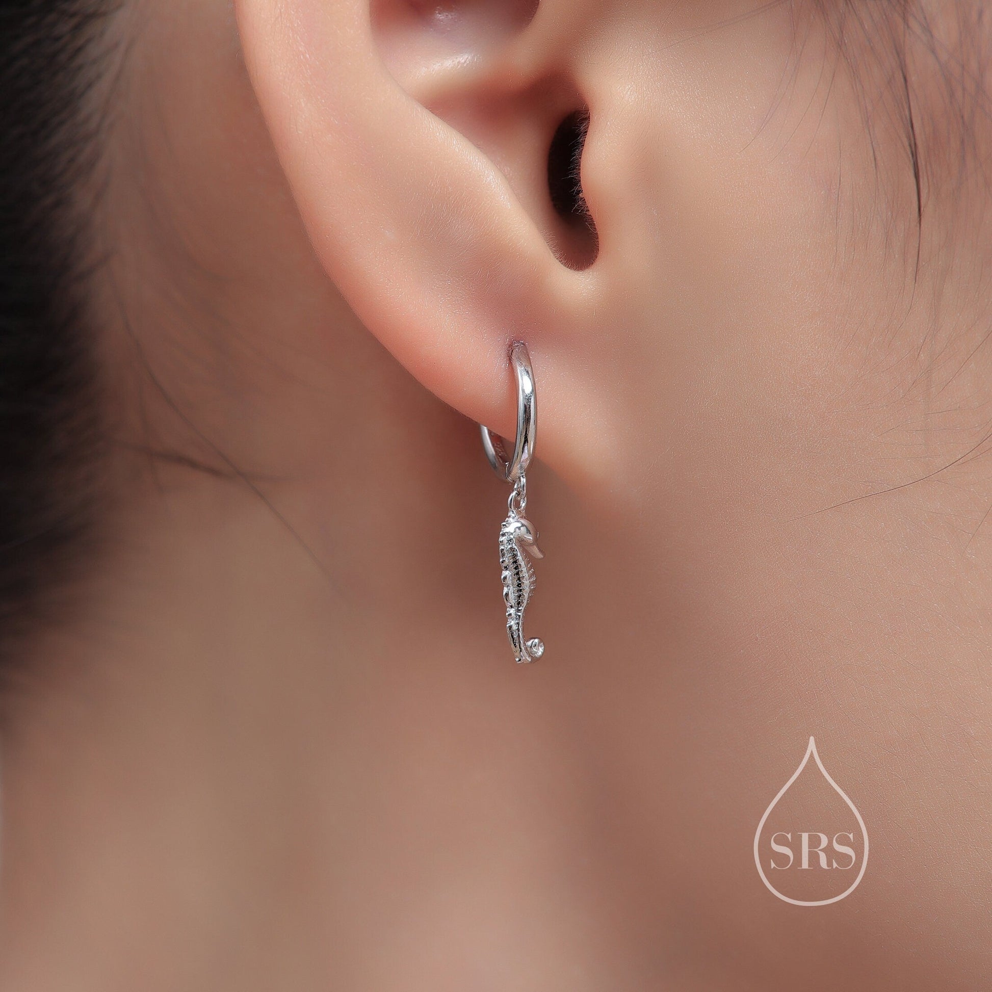 Sterling Silver Cute Seahorse Dangle Huggie Hoops, Seahorse Hoop Earrings, Dainty Dangle Earrings, Fish Earrings, Ocean Animal