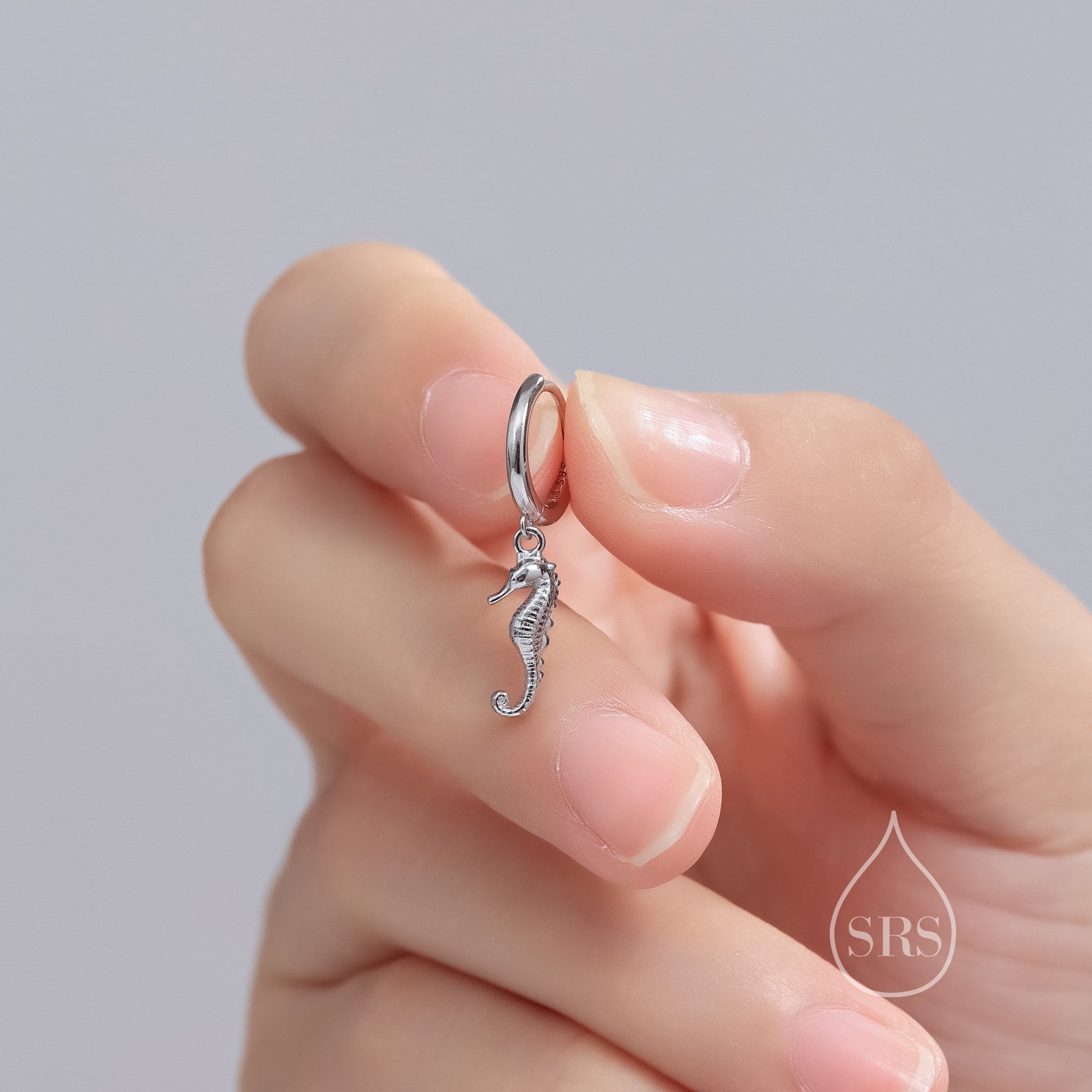Sterling Silver Cute Seahorse Dangle Huggie Hoops, Seahorse Hoop Earrings, Dainty Dangle Earrings, Fish Earrings, Ocean Animal