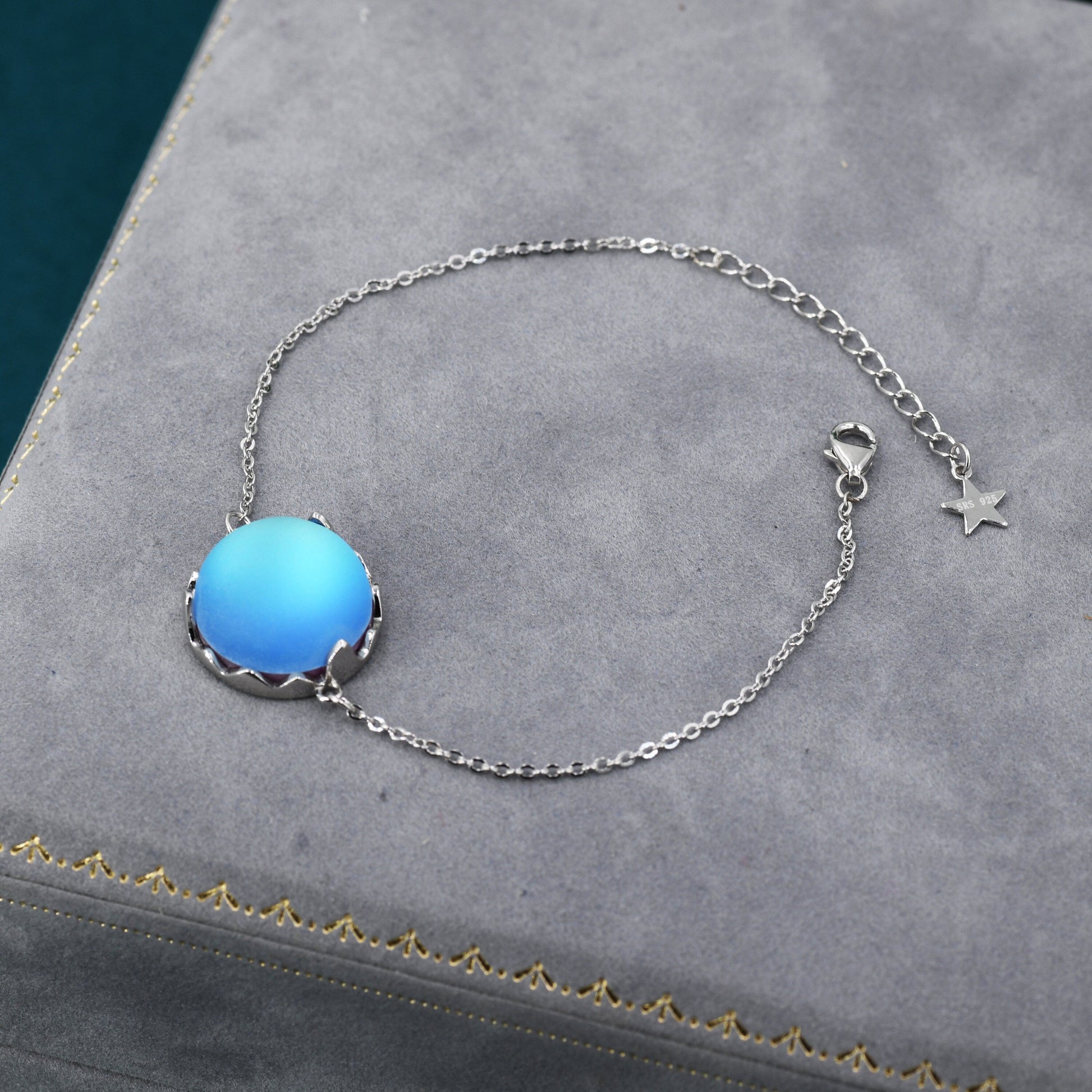 Aurora Glass Crystal Bracelet in Sterling Silver, Northern Lights Bracelet with Blue Flash Simulated Moonstone
