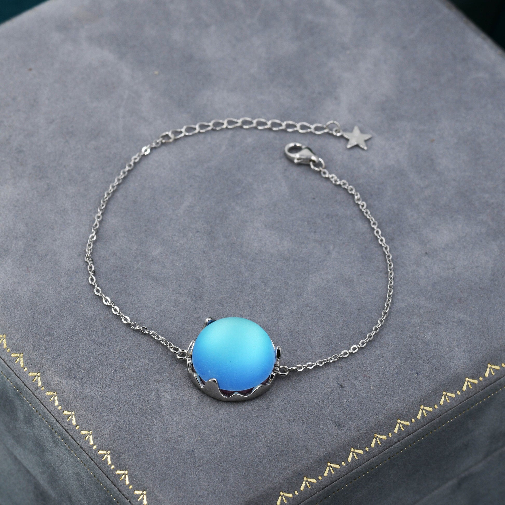 Aurora Glass Crystal Bracelet in Sterling Silver, Northern Lights Bracelet with Blue Flash Simulated Moonstone