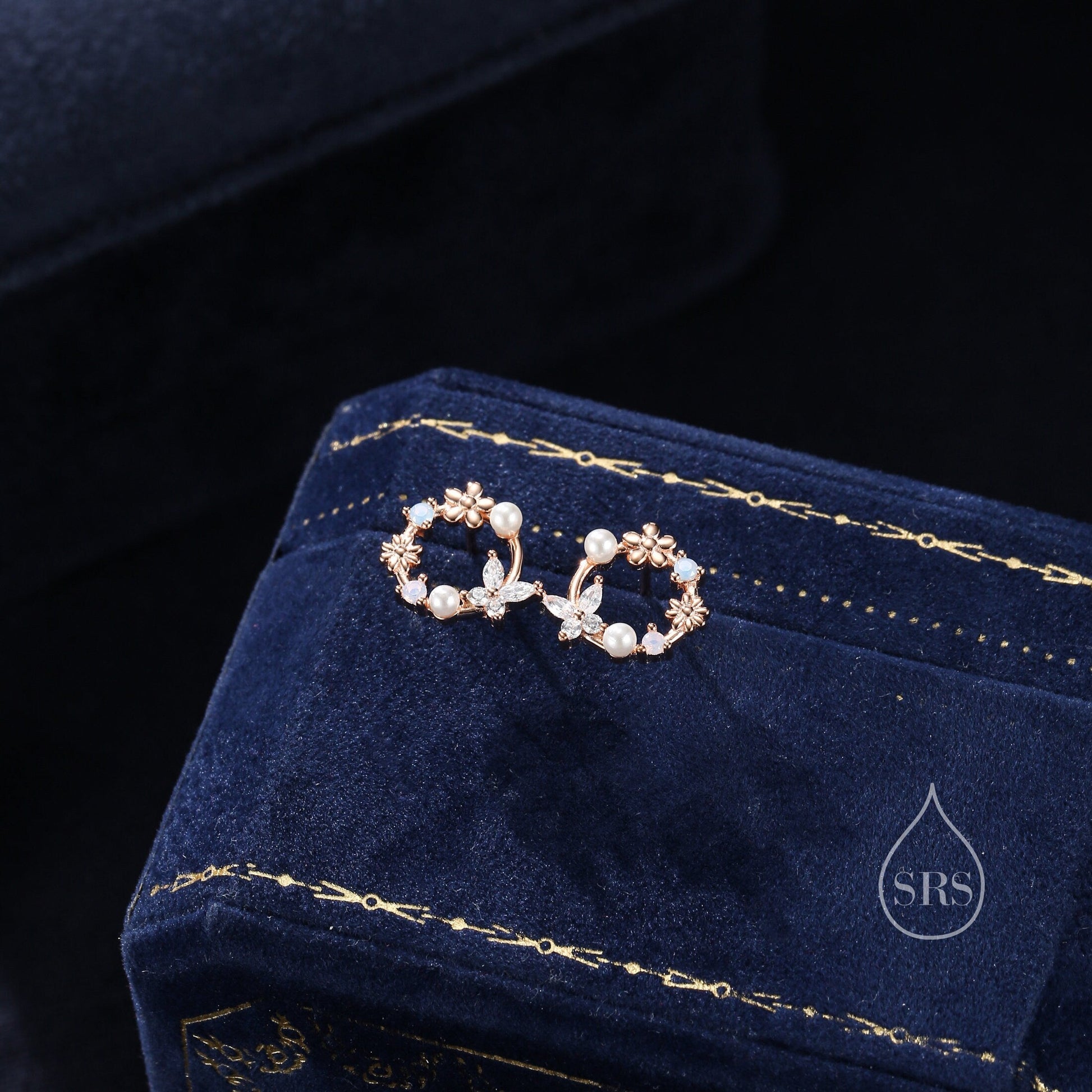 Tiny Flower Wreath Stud Earrings and Necklace Set in Sterling Silver, Silver or Gold or Rose Gold, Gift Set with One Gift Box Packing
