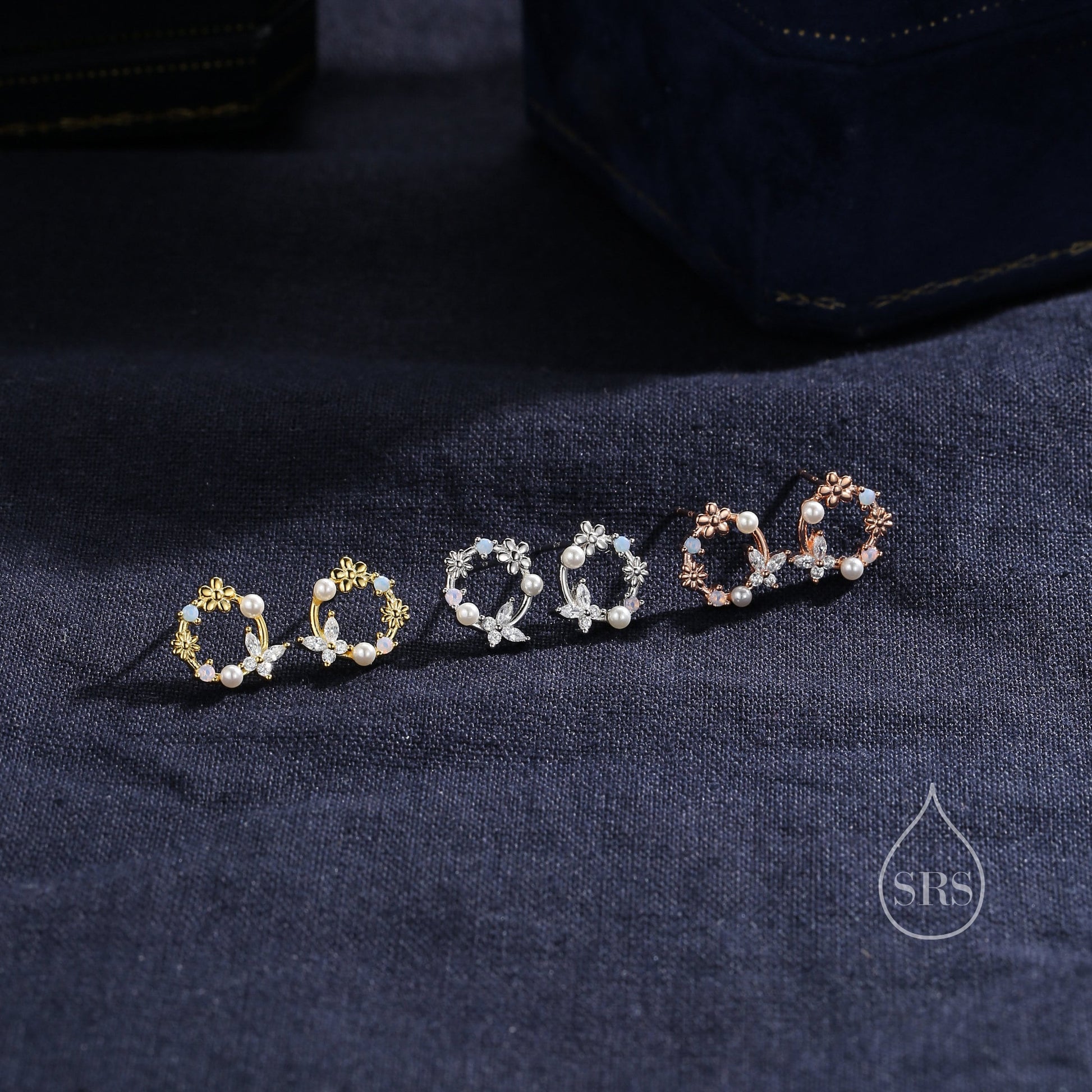 Tiny Flower Wreath Stud Earrings and Necklace Set in Sterling Silver, Silver or Gold or Rose Gold, Gift Set with One Gift Box Packing