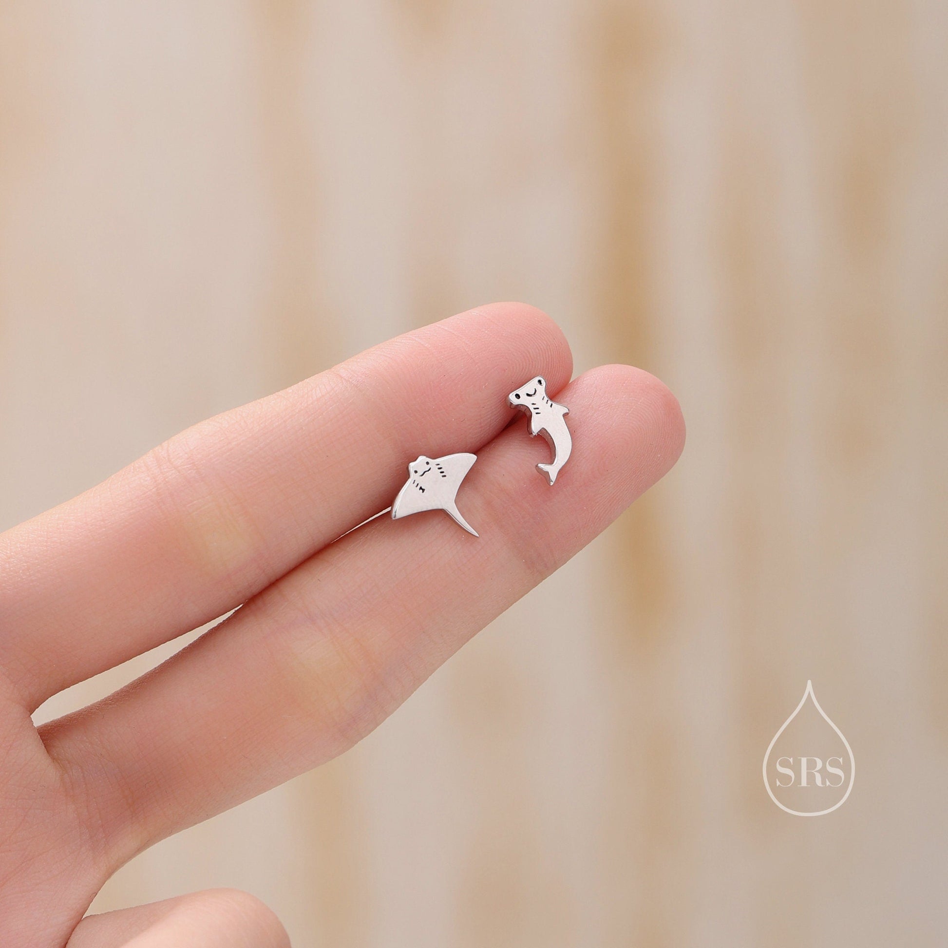 Mismatched Kawaii Hammerhead Shark & Manta Ray Earrings in Sterling Silver, Gold or Rose Gold. Available in Stud, Screw Back, Hoop, Flatback