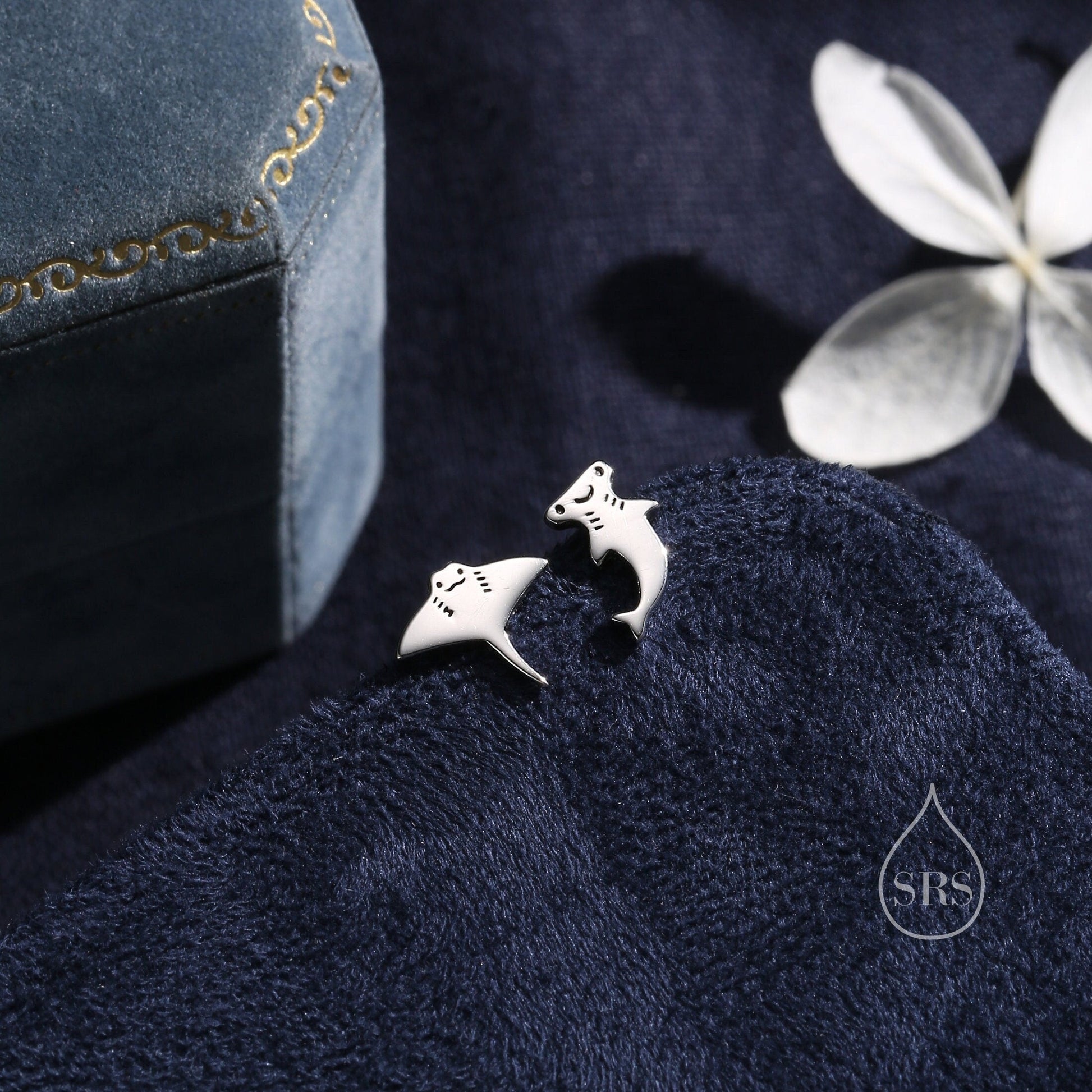 Mismatched Kawaii Hammerhead Shark & Manta Ray Earrings in Sterling Silver, Gold or Rose Gold. Available in Stud, Screw Back, Hoop, Flatback