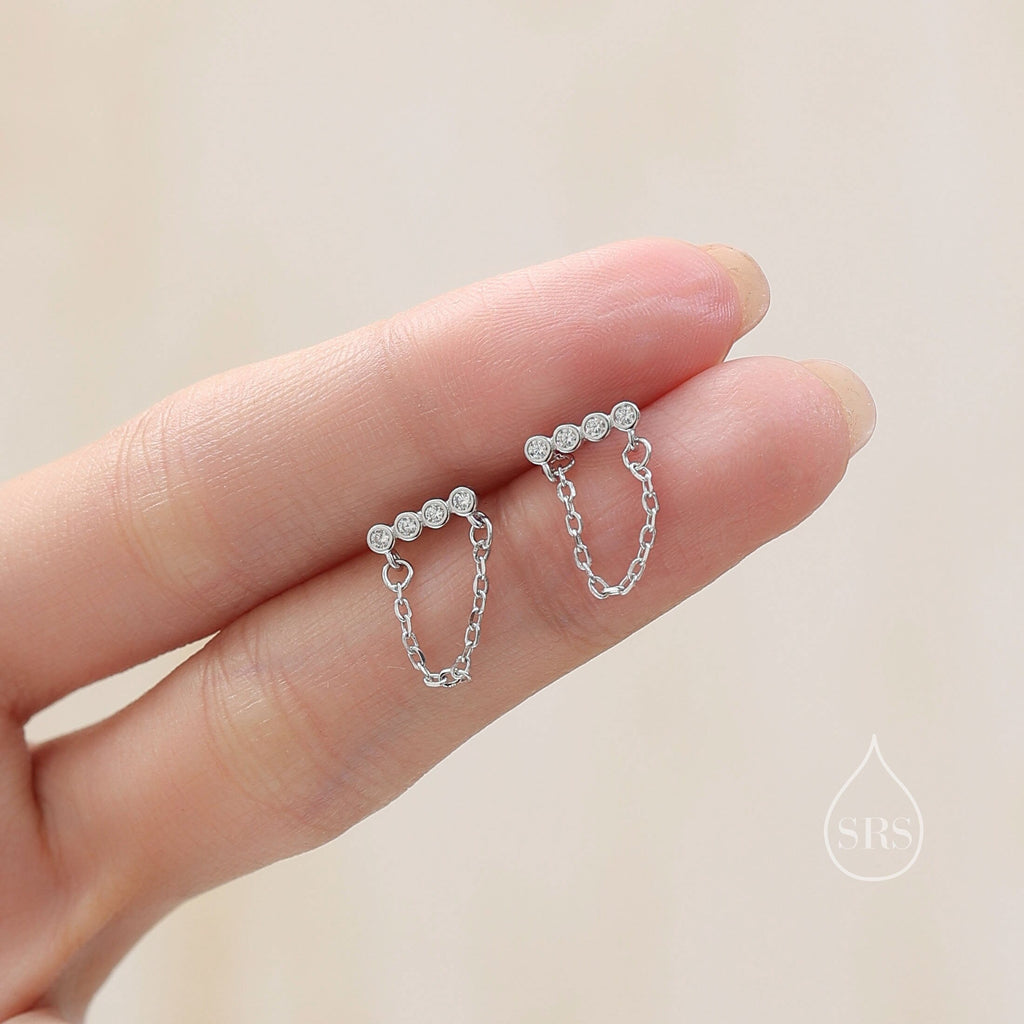 CZ Horizontal Bar Chained Stud Earrings in Sterling Silver, Silver, Gold or Rose Gold,  Dangle Chain Earrings, Single Piercing