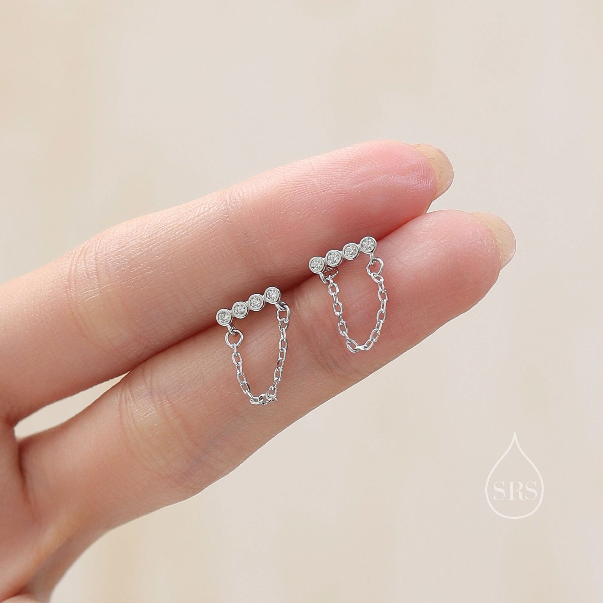 CZ Horizontal Bar Chained Stud Earrings in Sterling Silver, Silver, Gold or Rose Gold,  Dangle Chain Earrings, Single Piercing