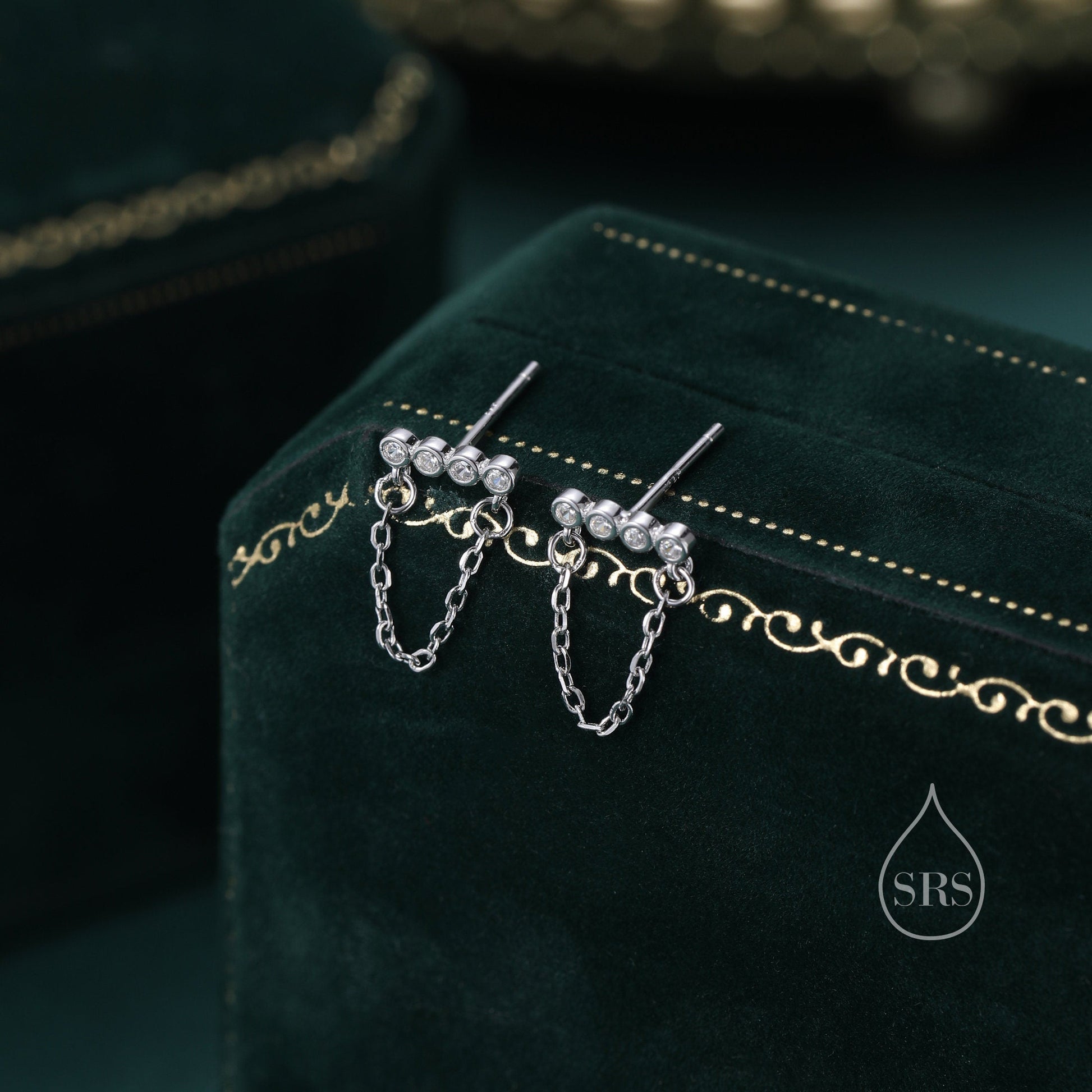 CZ Horizontal Bar Chained Stud Earrings in Sterling Silver, Silver, Gold or Rose Gold,  Dangle Chain Earrings, Single Piercing