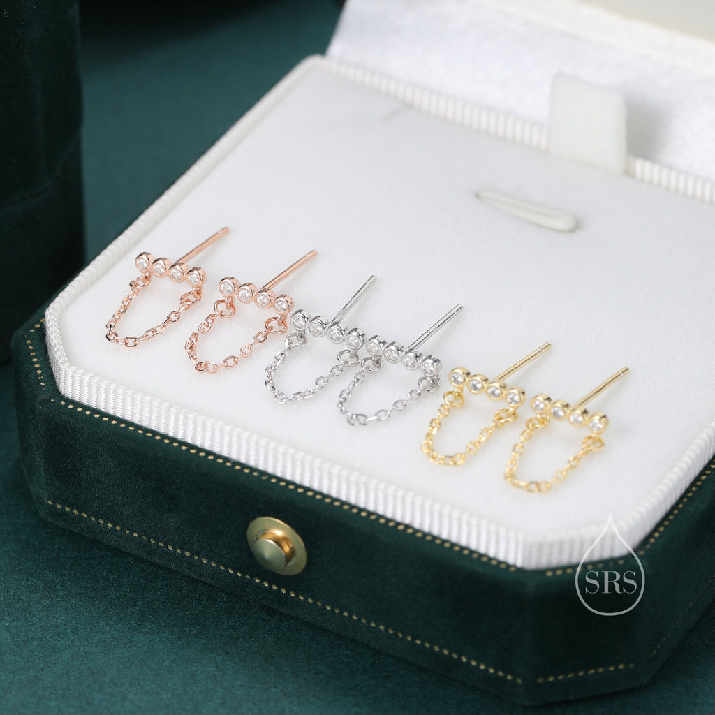 CZ Horizontal Bar Chained Stud Earrings in Sterling Silver, Silver, Gold or Rose Gold,  Dangle Chain Earrings, Single Piercing