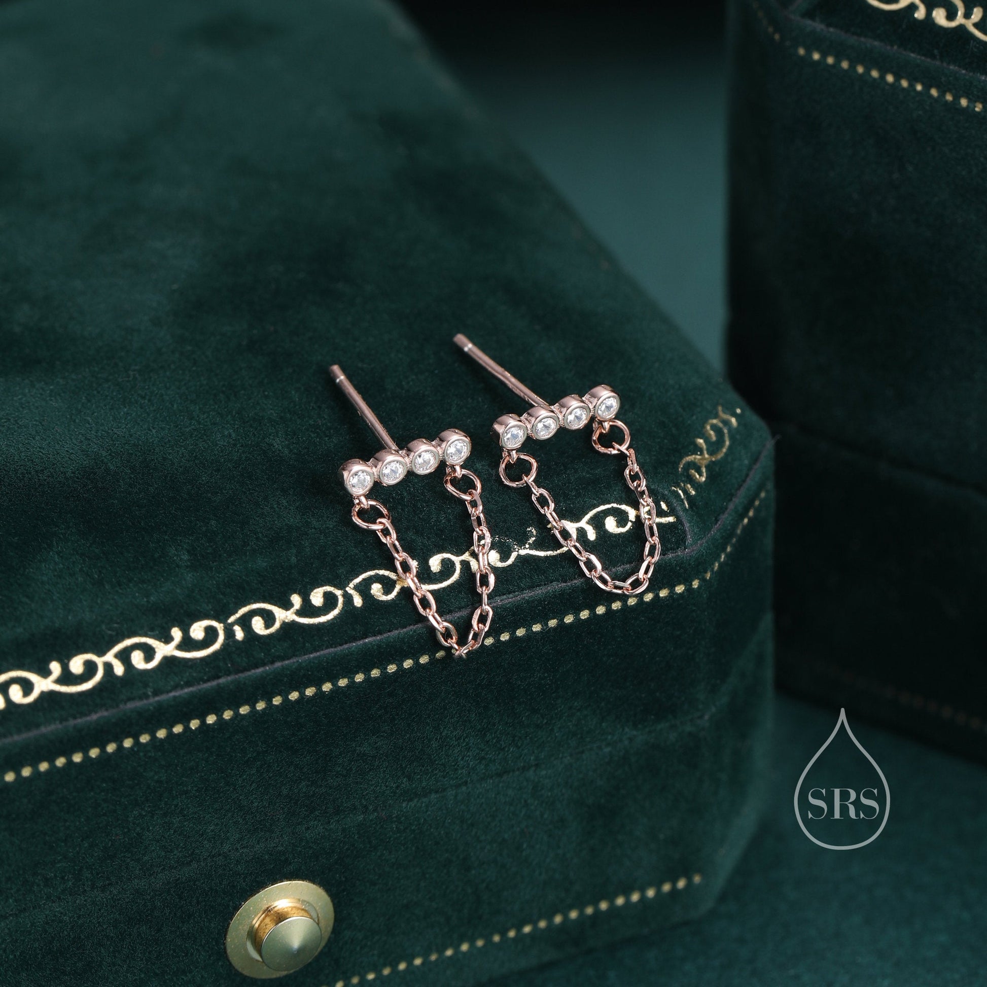 CZ Horizontal Bar Chained Stud Earrings in Sterling Silver, Silver, Gold or Rose Gold,  Dangle Chain Earrings, Single Piercing