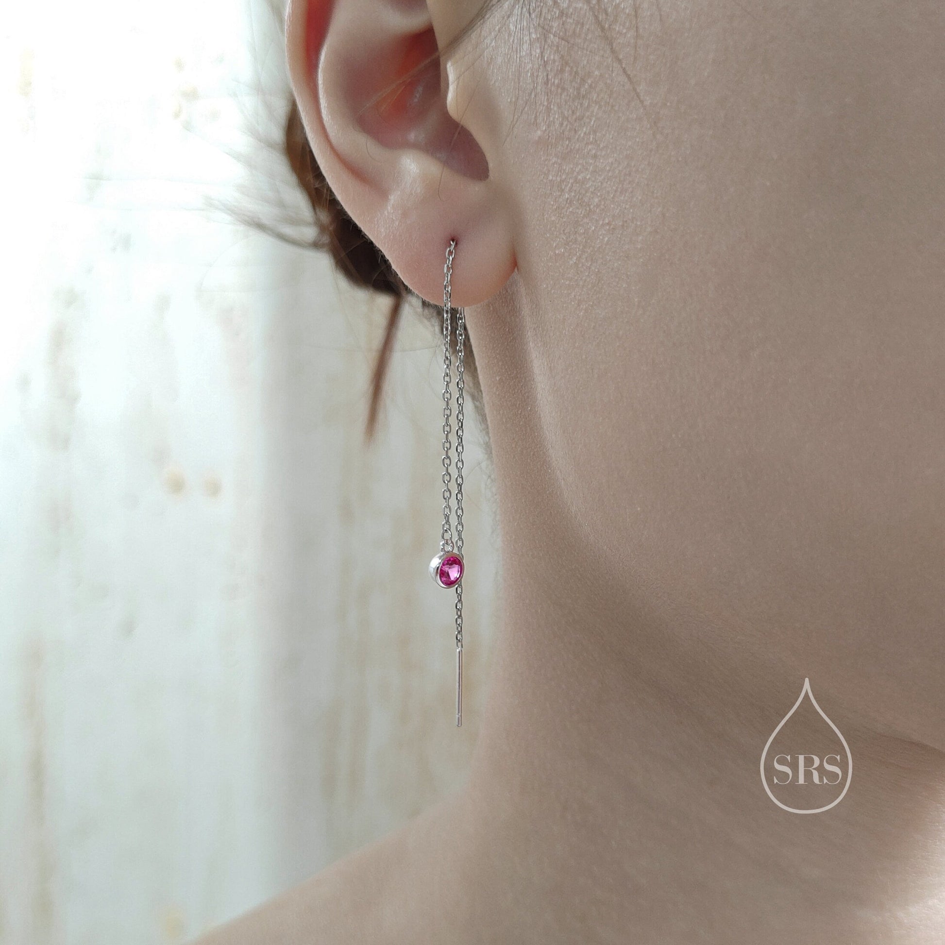 Ruby Pink CZ Dot Threader Earrings in Sterling Silver, Silver or Gold, Minimalist Double Piercing Ear Threaders, July Birthstone, Hot Pink