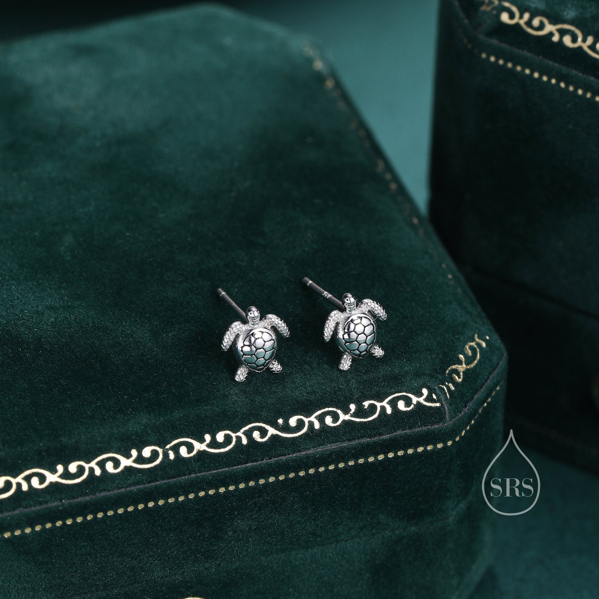 Sterling Silver Sea Turtle Stud Earrings and Necklace Set, Silver or Gold or Rose Gold, Ocean Jewellery, Gift set with one Gift Box Packing