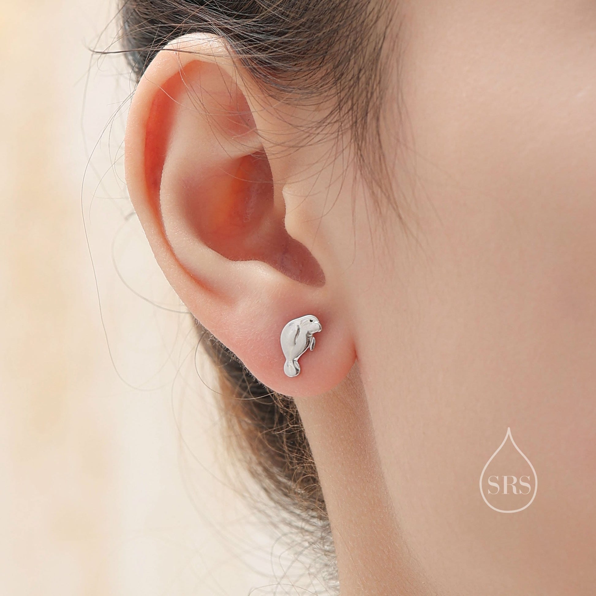 Manatee Stud Earrings in Sterling Silver, Nature Inspired Animal Earrings