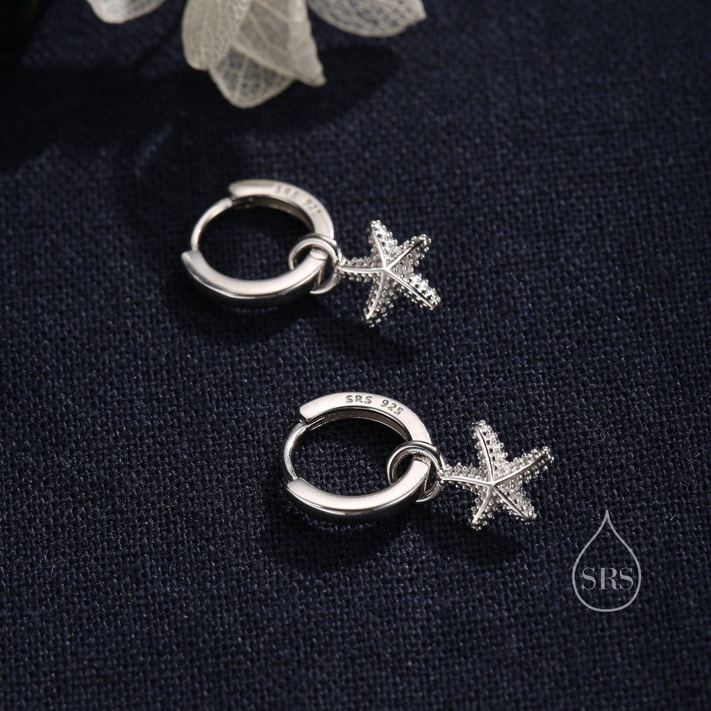 Sterling Silver Starfish Huggie Hoops, Silver, Gold or Rose Gold, Detachable Cute Sea Star Hoop Earrings, Starfish Earrings