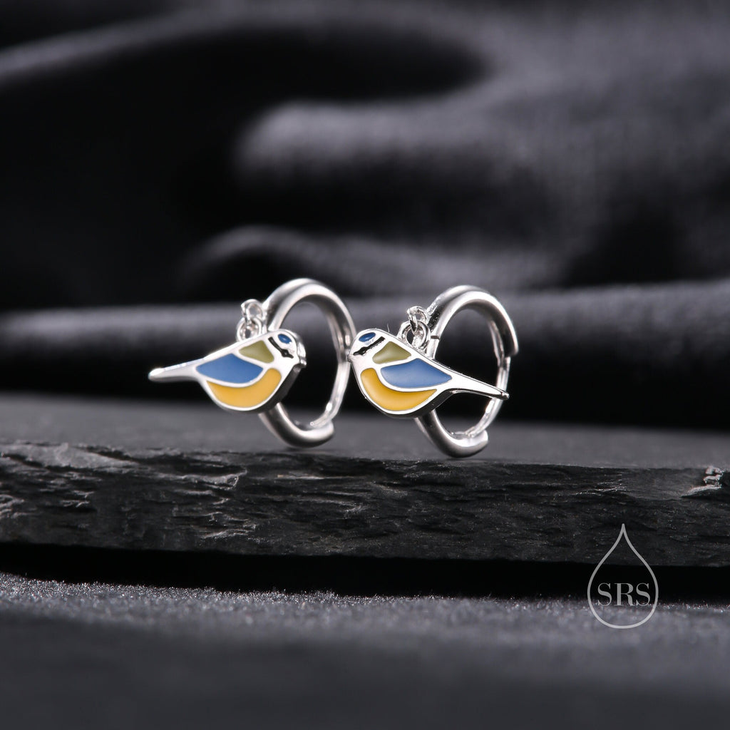 Super Cute Blue Tit Bird Huggie Hoop Earrings in Sterling Silver -  Cute Bird Hoop Earrings,  Blue Tit Earrings