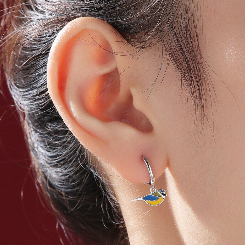Super Cute Blue Tit Bird Huggie Hoop Earrings in Sterling Silver -  Cute Bird Hoop Earrings,  Blue Tit Earrings