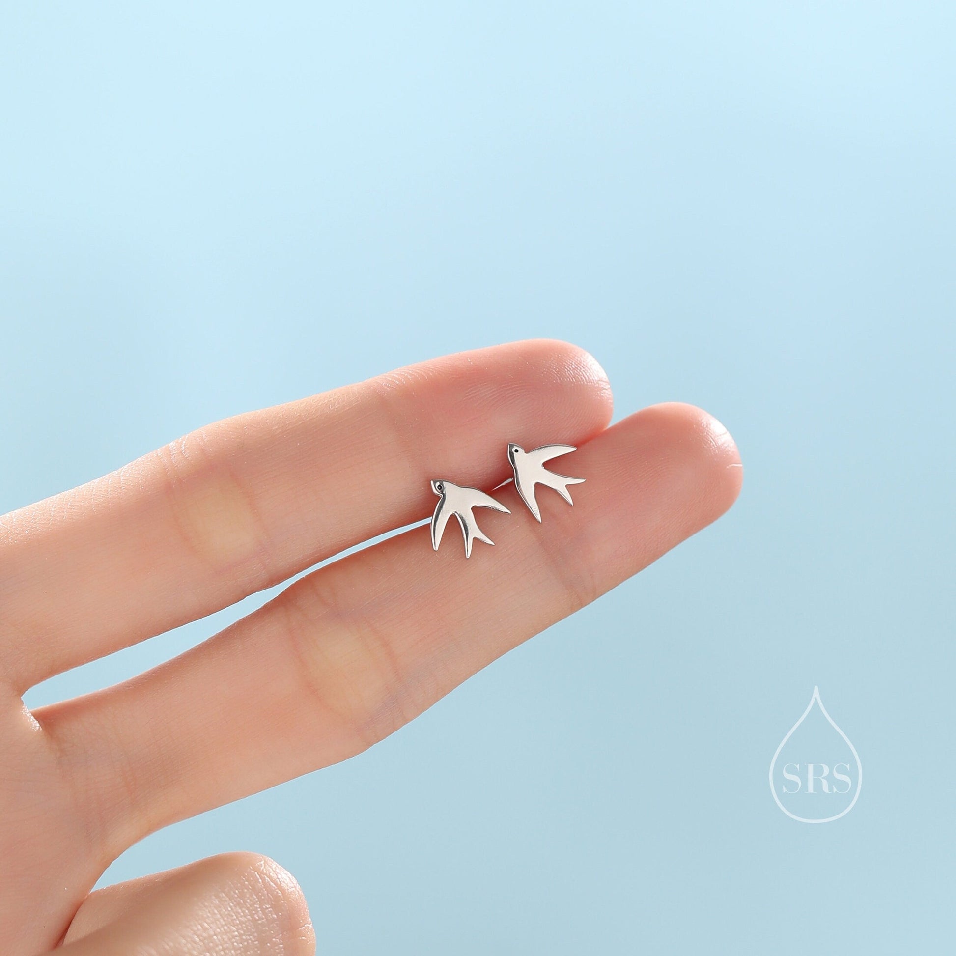 Swallow Bird Stud Earrings in Sterling Silver Flying Bird Earrings, Silver or Gold or Rose Gold,  Nature Inspired Animal Earrings