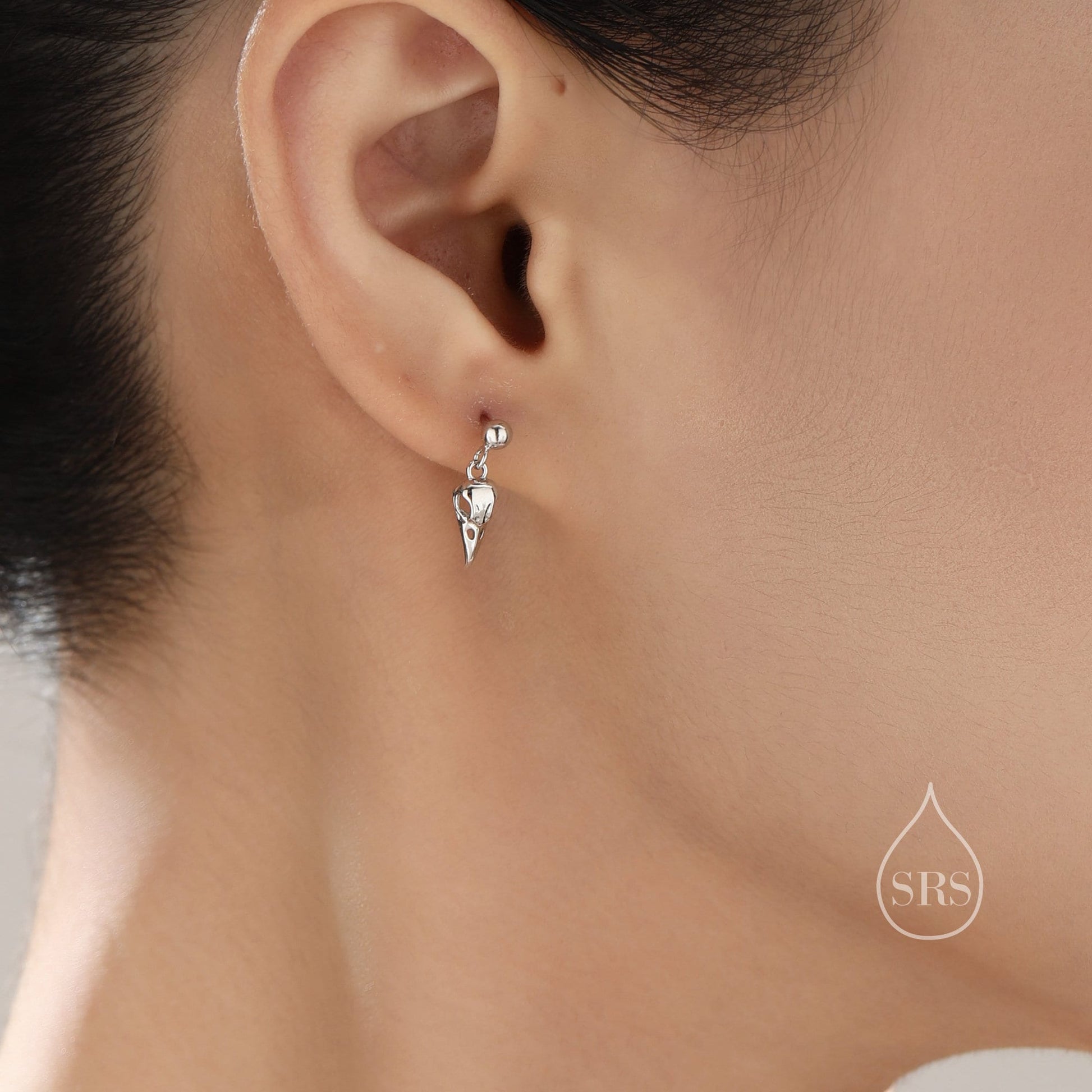 Sterling Silver Tiny Bird Skull Drop Stud Earrings Earrings, Silver or Gold or Rose Gold, Bird Skeleton Earrings in Sterling Silver