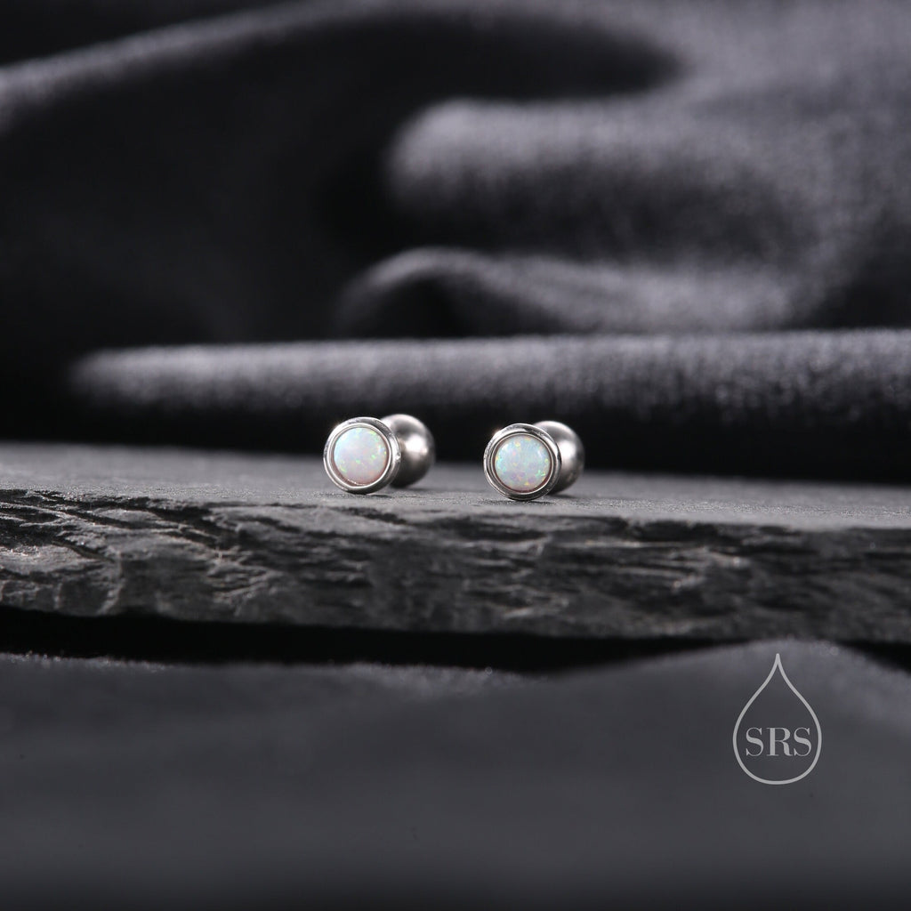 Tiny 3mm White Opal Internally Threaded Flat Back/ Screw Back Earrings in Sterling Silver, Small Opal Stud, White Opal Screw Back Earrings