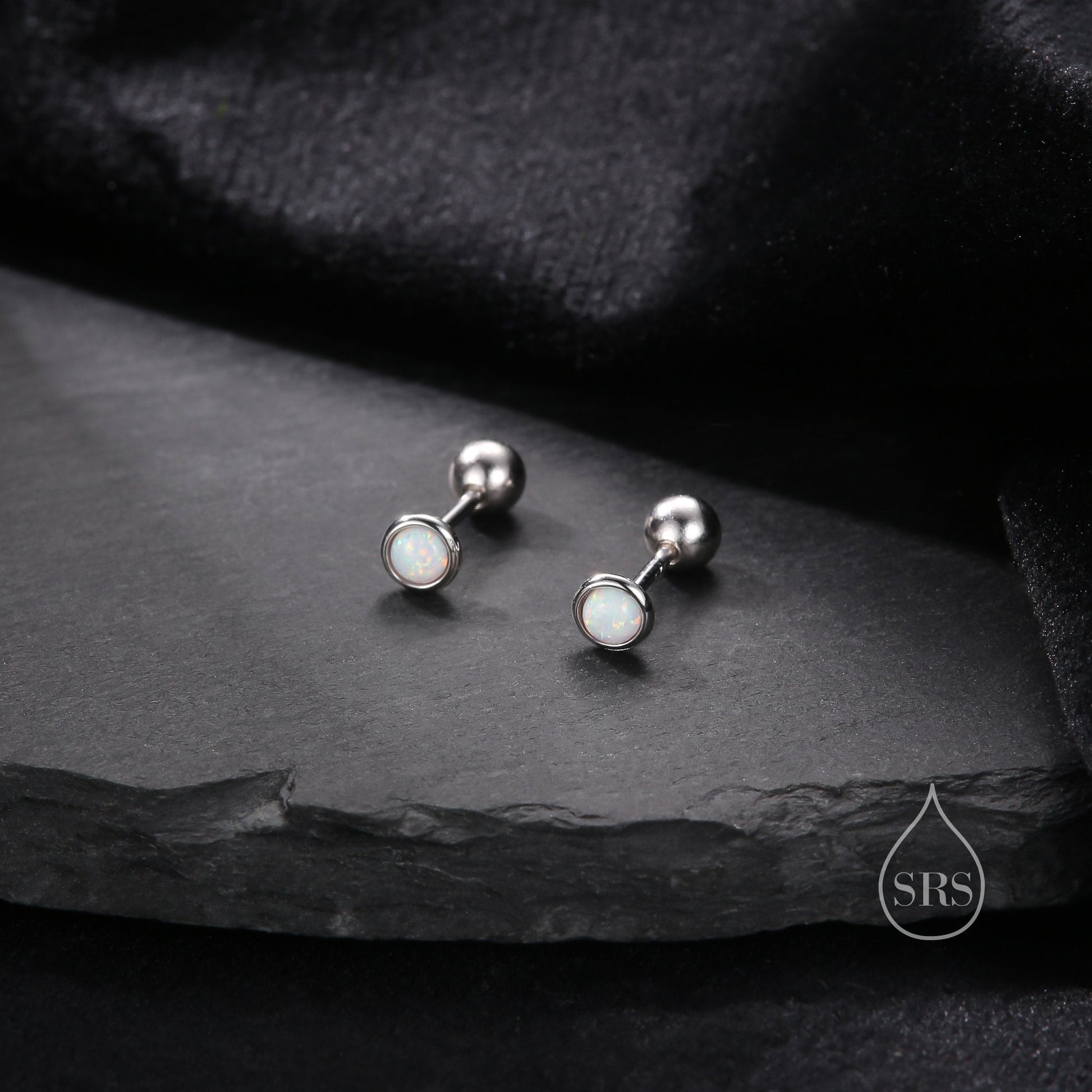 Tiny 3mm White Opal Internally Threaded Flat Back/ Screw Back Earrings in Sterling Silver, Small Opal Stud, White Opal Screw Back Earrings