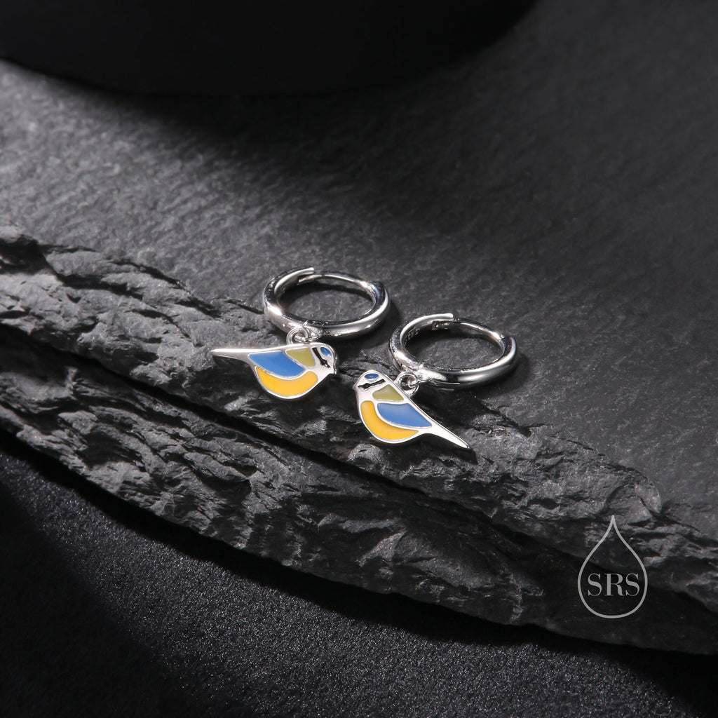Super Cute Blue Tit Bird Huggie Hoop Earrings in Sterling Silver -  Cute Bird Hoop Earrings,  Blue Tit Earrings