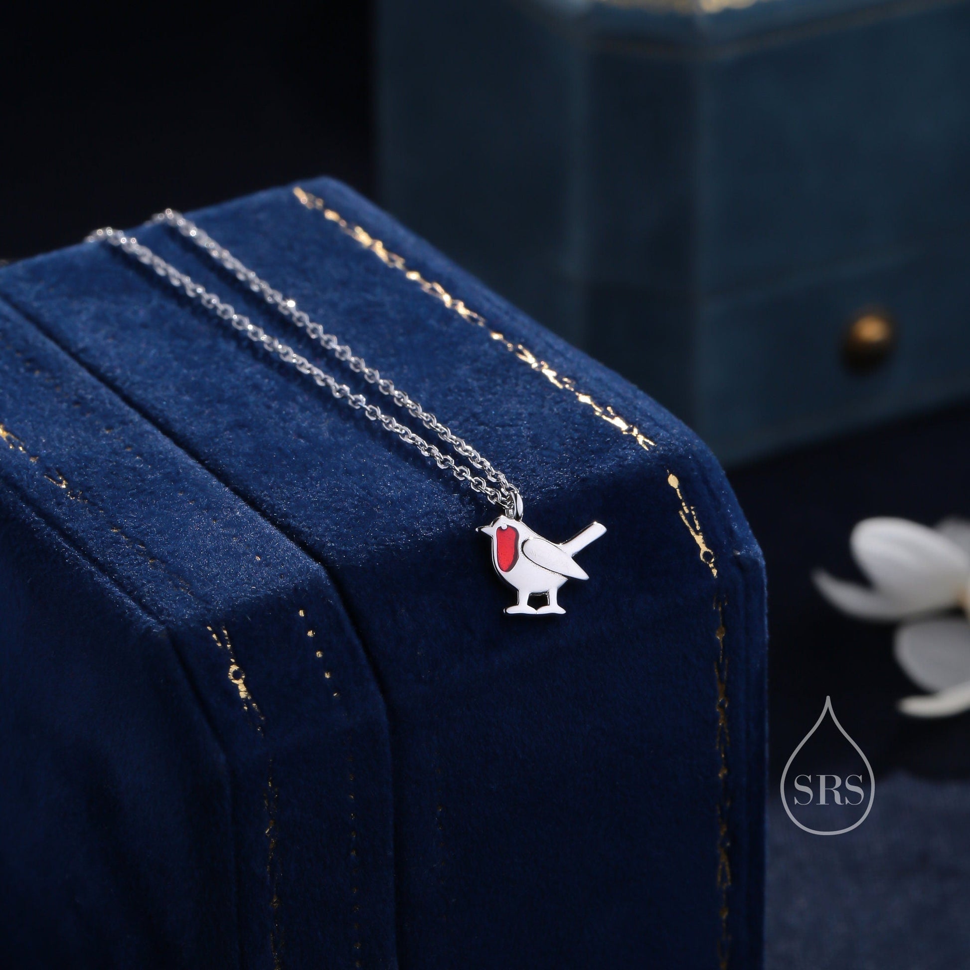 Tiny Robin Bird Pendant Necklace in Sterling Silver with Enamel, Silver Robin Pendant, Nature Inspired Jewellery, Bird Necklace