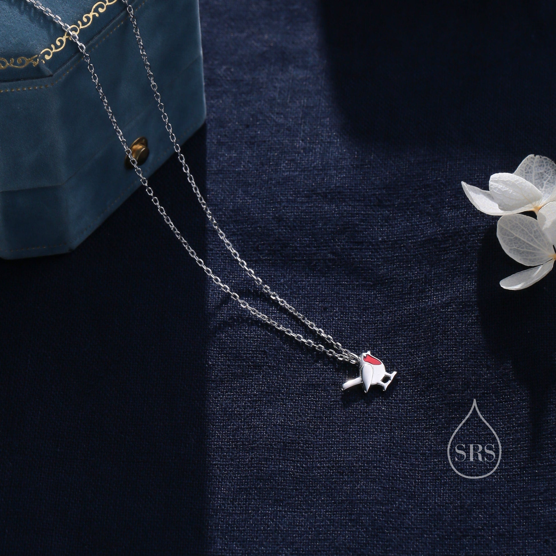 Tiny Robin Bird Pendant Necklace in Sterling Silver with Enamel, Silver Robin Pendant, Nature Inspired Jewellery, Bird Necklace