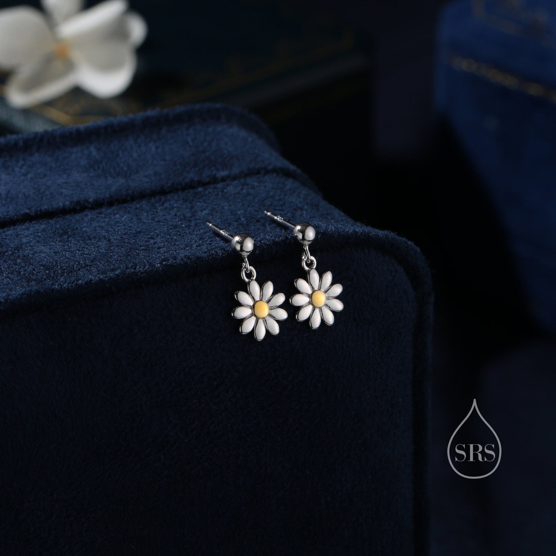 Sterling Silver Daisy Drop Stud Earrings, Delicate Dainty Dangle Daisy Flower Earrings