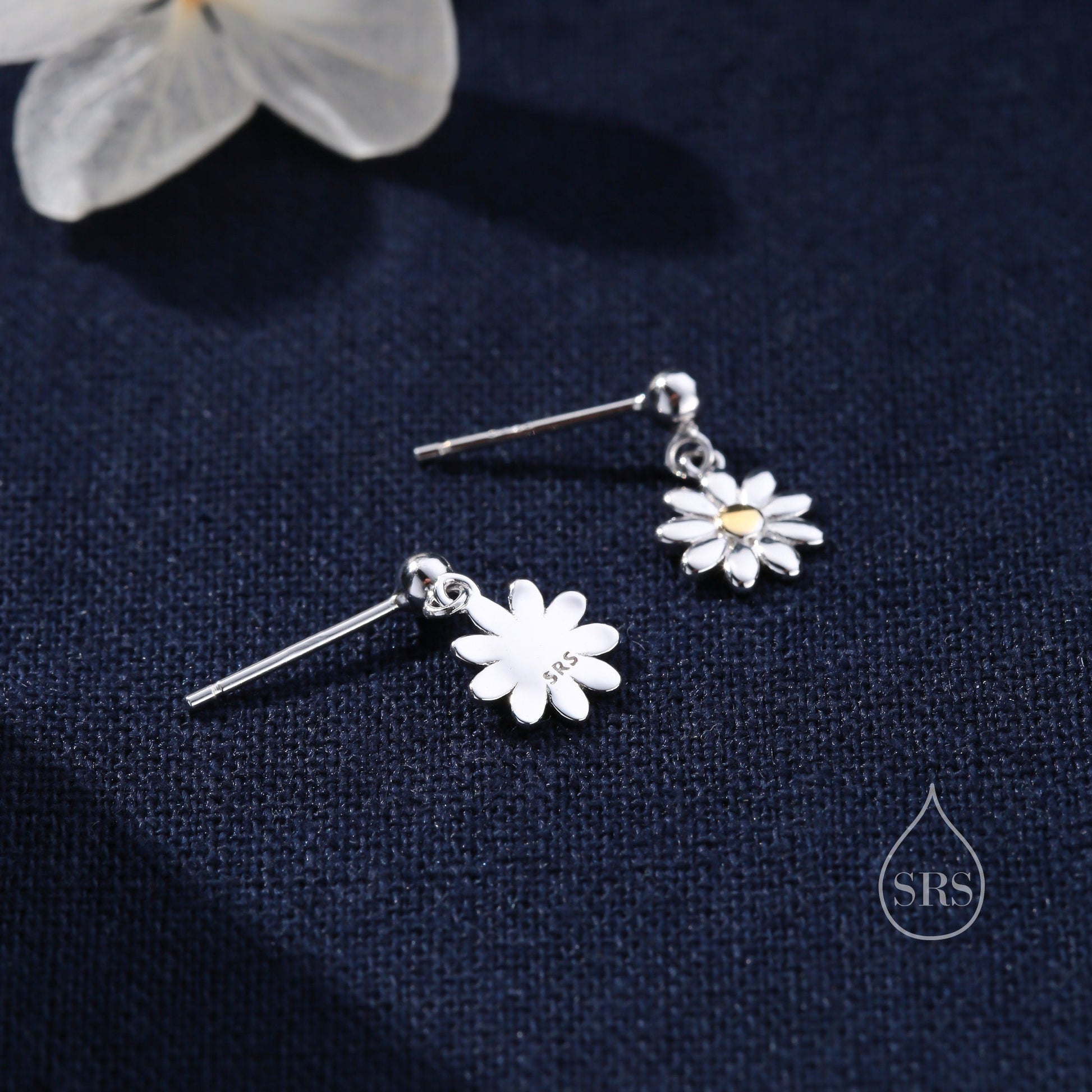 Sterling Silver Daisy Drop Stud Earrings, Delicate Dainty Dangle Daisy Flower Earrings