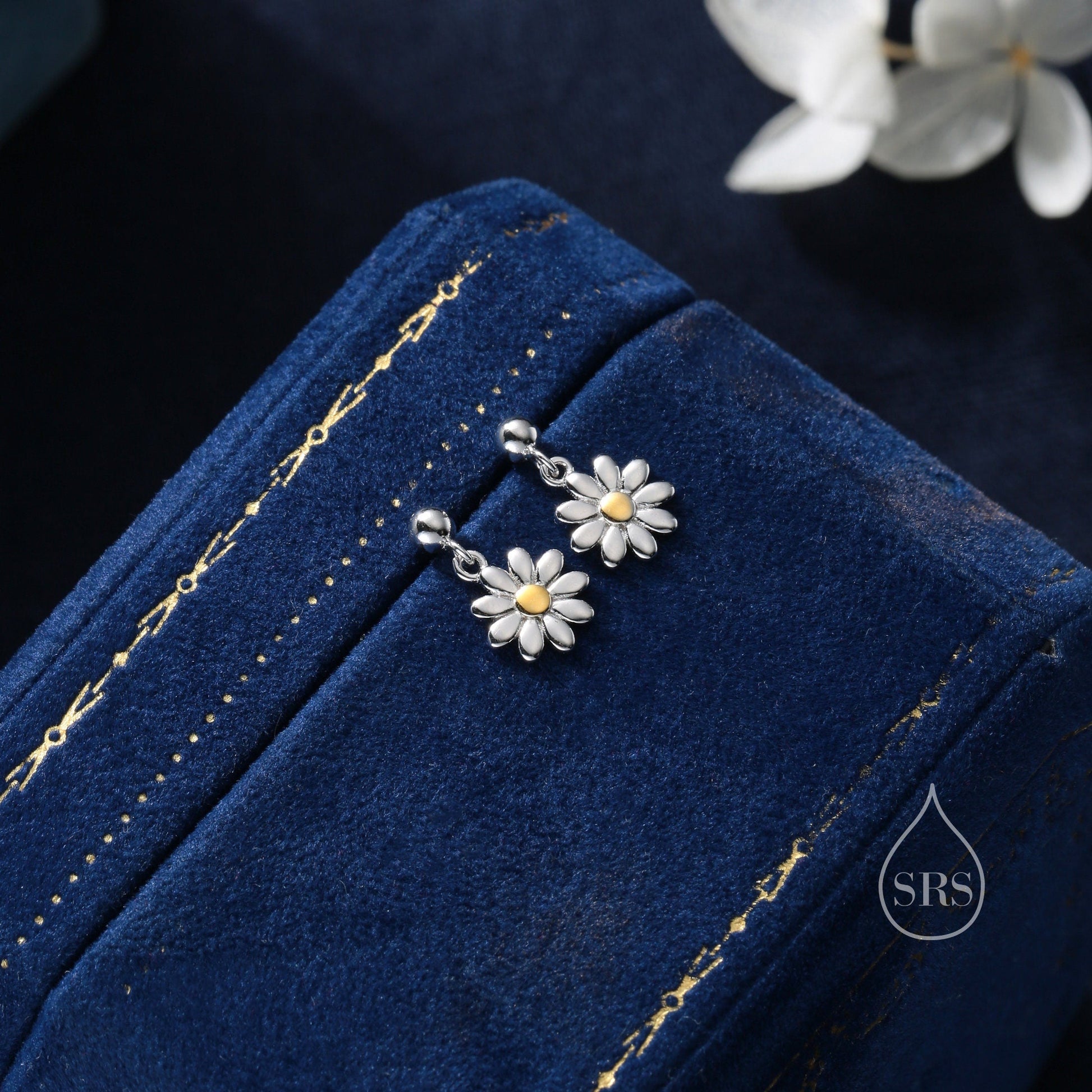Sterling Silver Daisy Drop Stud Earrings, Delicate Dainty Dangle Daisy Flower Earrings