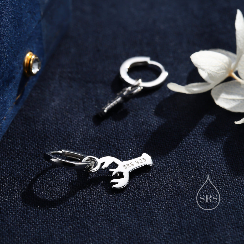 Mismatched Crab and Lobster Huggie Hoop Earrings in Sterling Silver, Silver or Gold or Rose Gold, Asymmetric Lobster and Crab Hoop Earrings