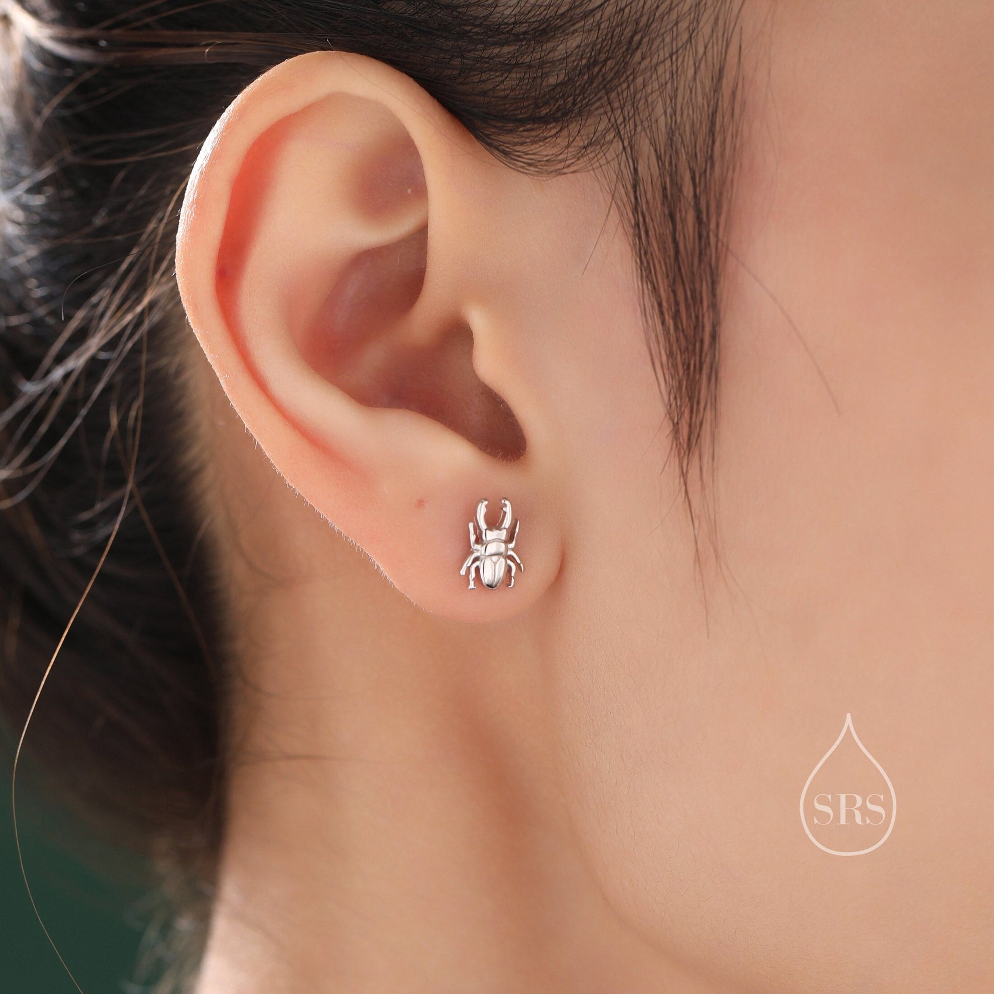 Mismatched Stag Beetle Stud Earrings in Sterling Silver, Silver, Gold or Rose Gold, Asymmetric Beetle Earrings, Bugs Earrings,