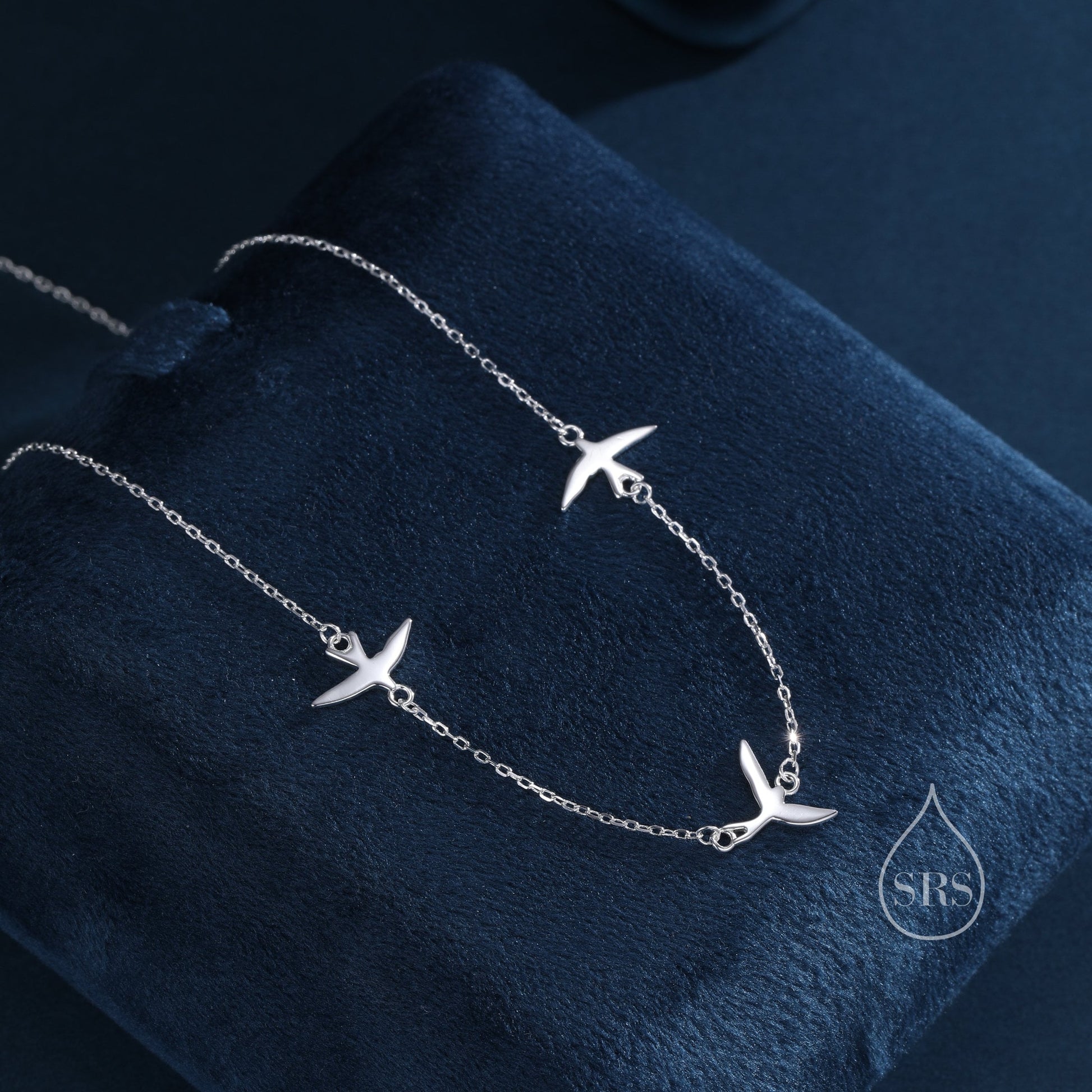Flying Bird Satellite Necklace in Sterling Silver, Swallow Bird Necklace, Silver or Gold - Cute Quirky and Fun Jewellery